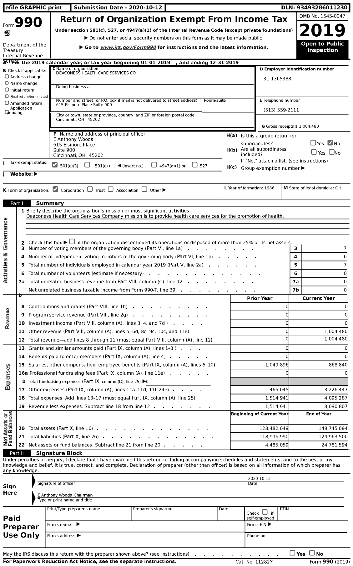 Image of first page of 2019 Form 990 for Deaconess Health Care Services Company