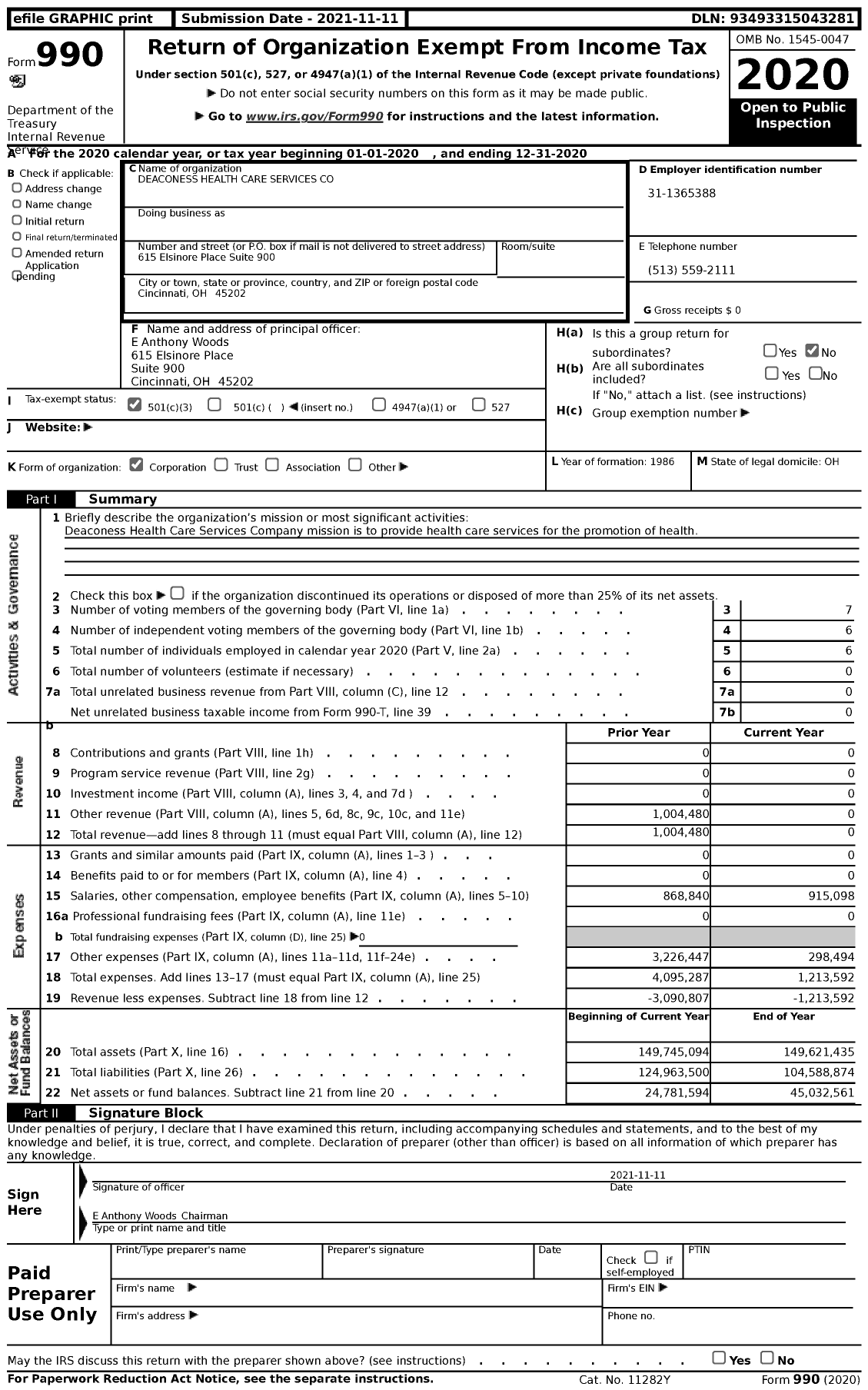 Image of first page of 2020 Form 990 for Deaconess Health Care Services Company