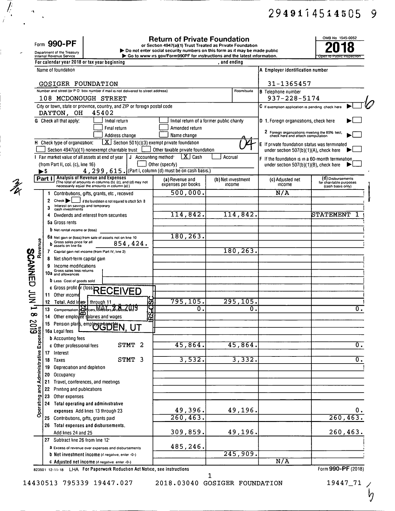 Image of first page of 2018 Form 990PF for Gosiger Foundation