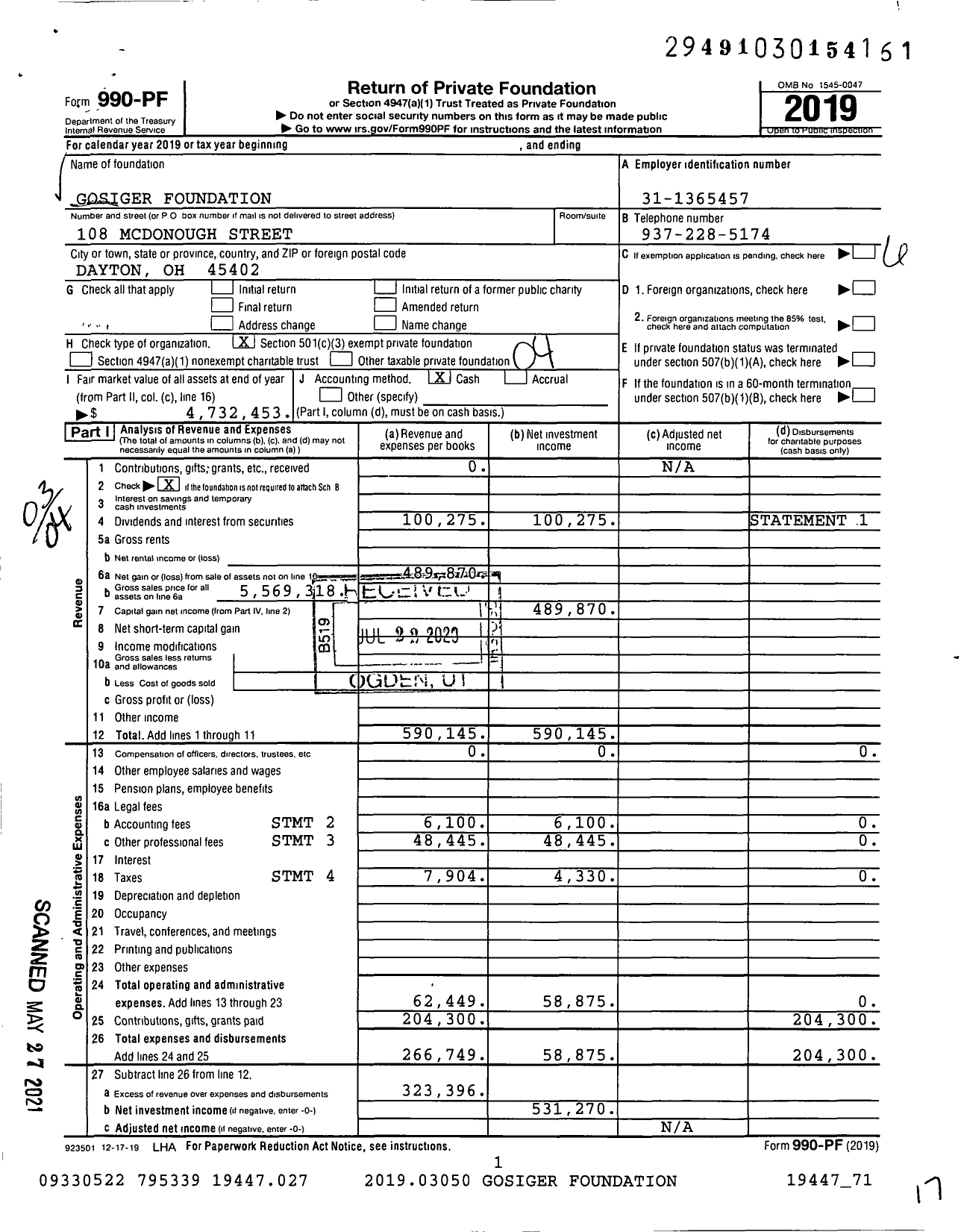 Image of first page of 2019 Form 990PF for Gosiger Foundation