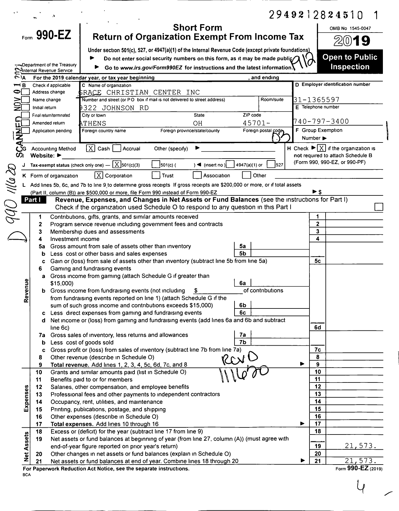 Image of first page of 2019 Form 990EZ for Grace Christian Center