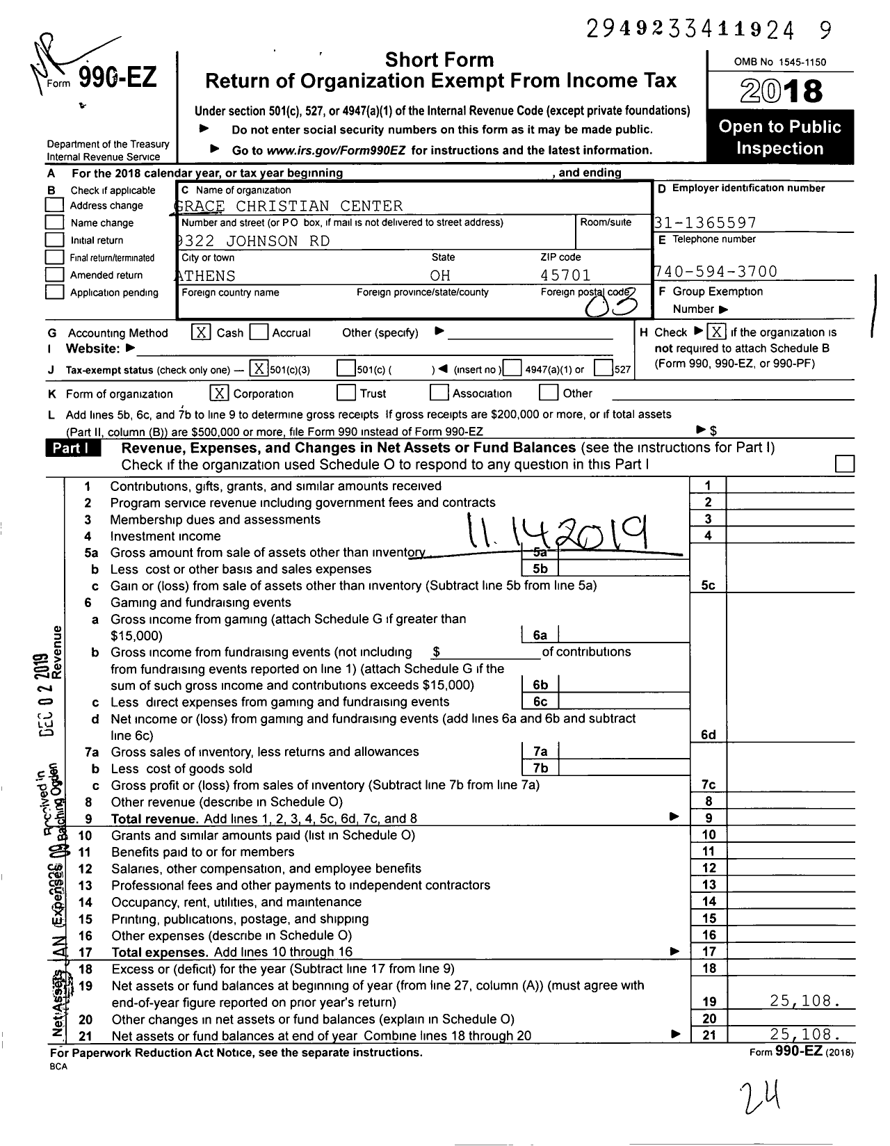 Image of first page of 2018 Form 990EZ for Grace Christian Center