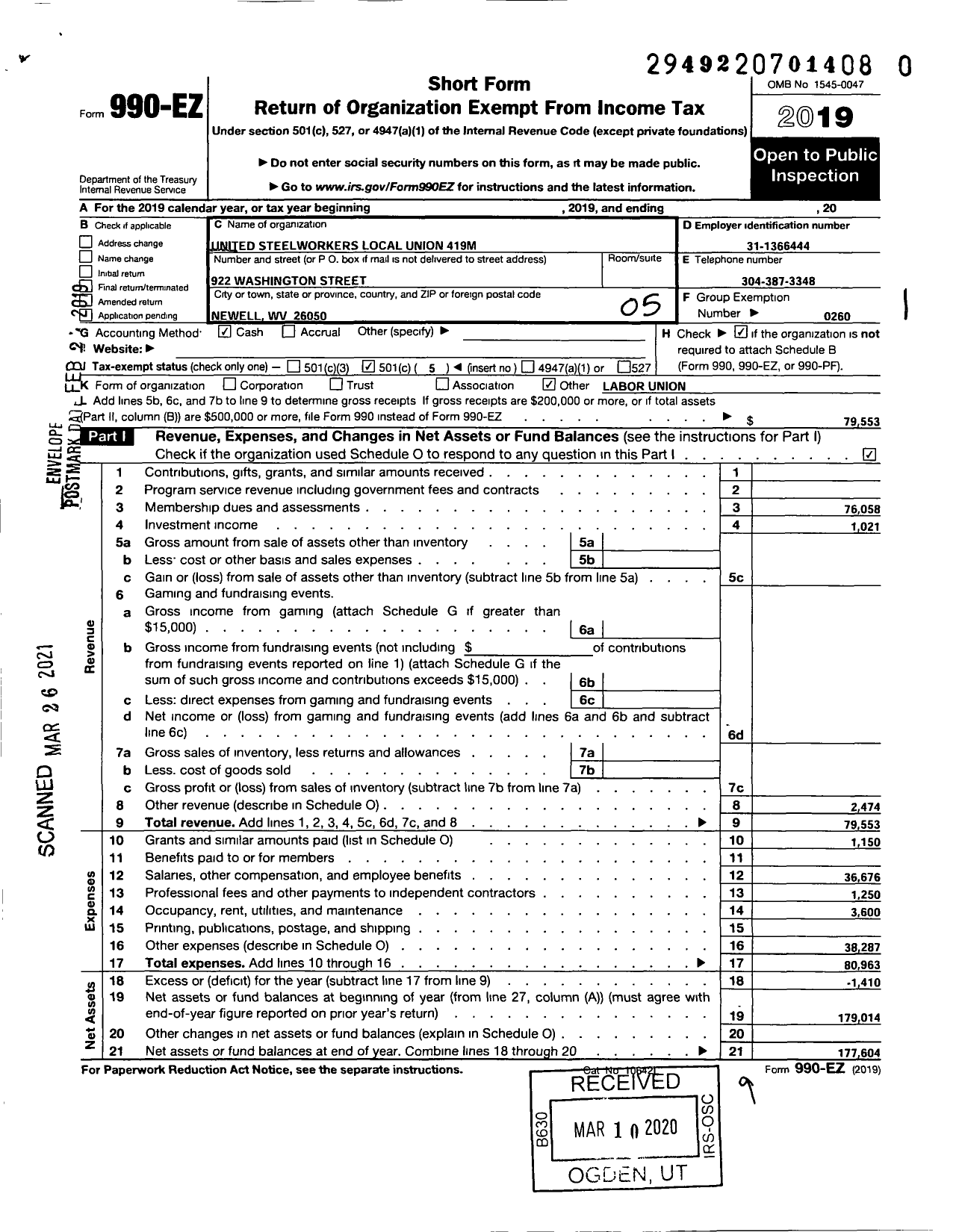 Image of first page of 2019 Form 990EO for United Steelworkers - 00419M Local