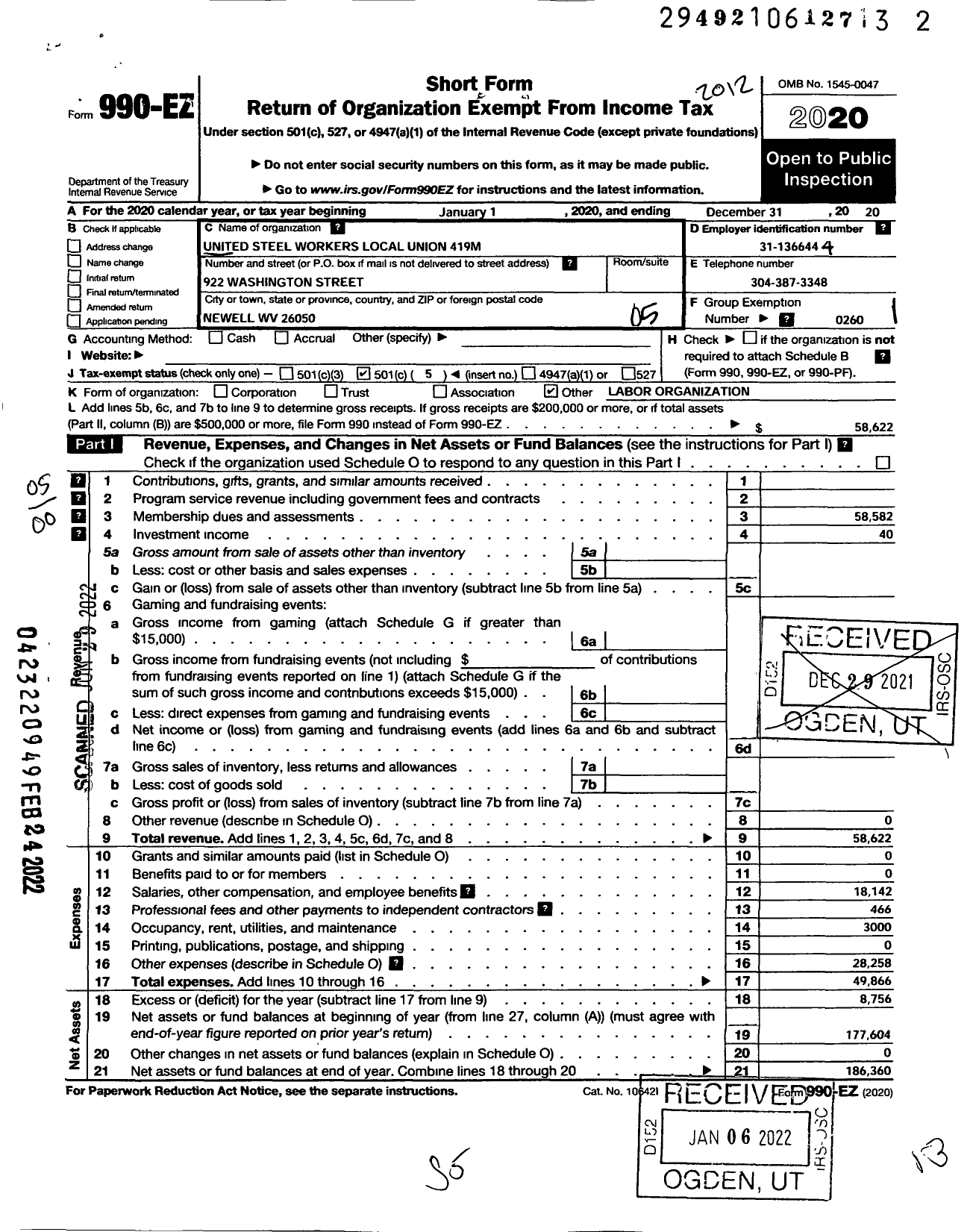 Image of first page of 2020 Form 990EO for United Steelworkers - 00419M Local