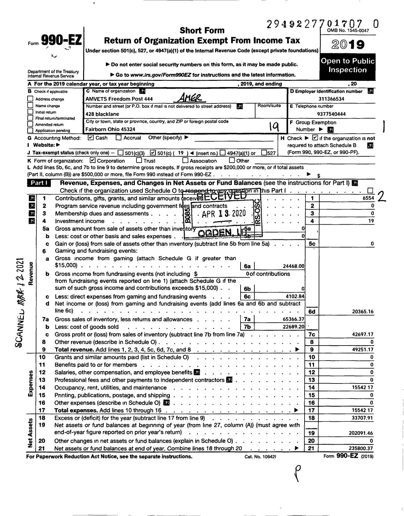 Image of first page of 2019 Form 990EO for Amvets - 0444-oh