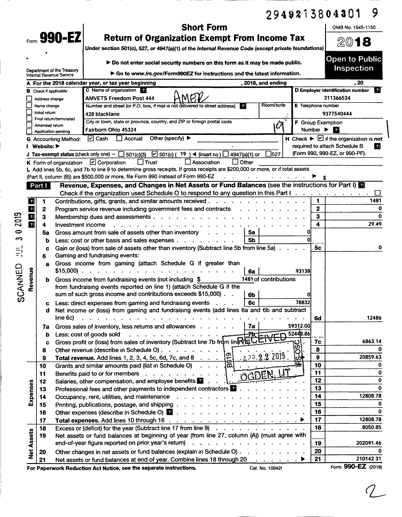 Image of first page of 2018 Form 990EO for Amvets - 0444-oh