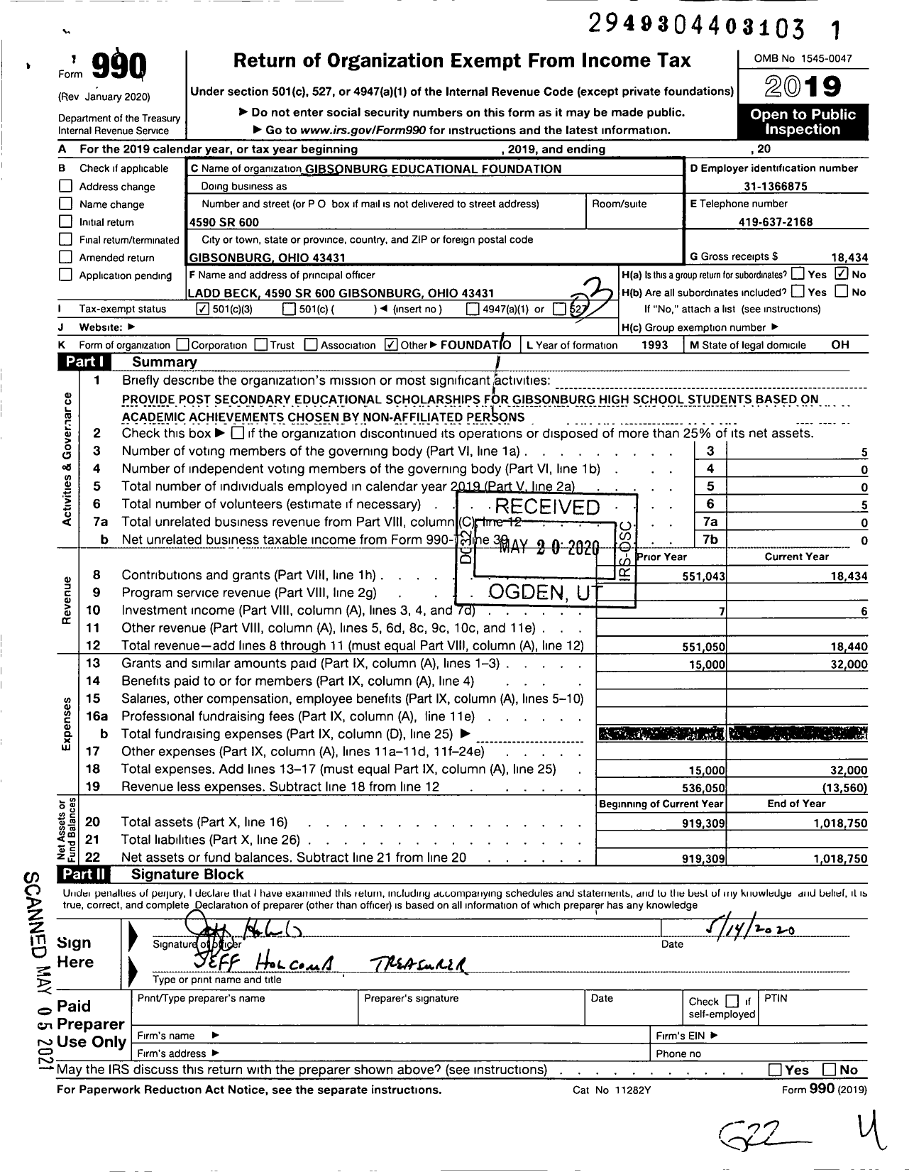 Image of first page of 2019 Form 990 for Gibsonburg Educational Foundation