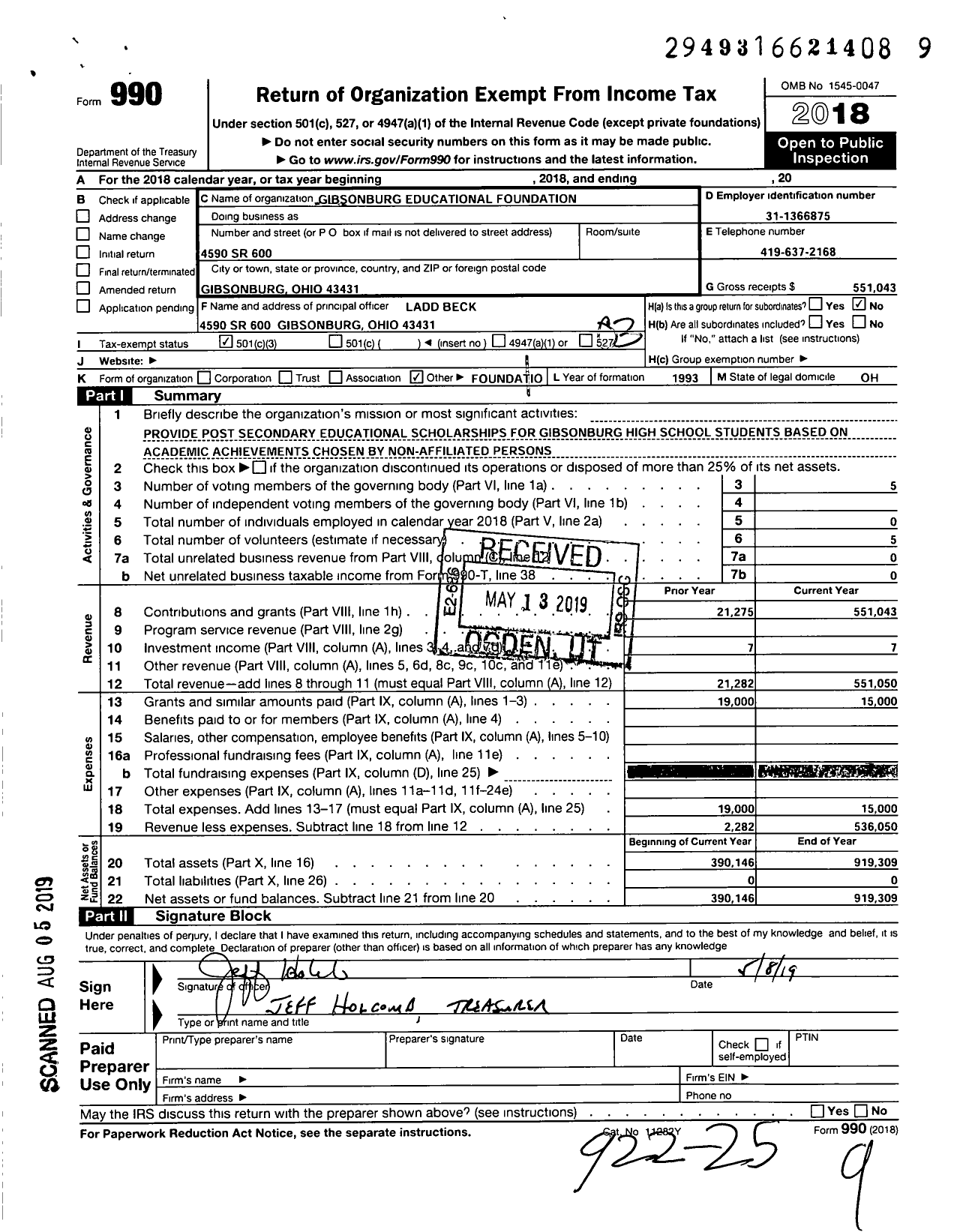 Image of first page of 2018 Form 990 for Gibsonburg Educational Foundation