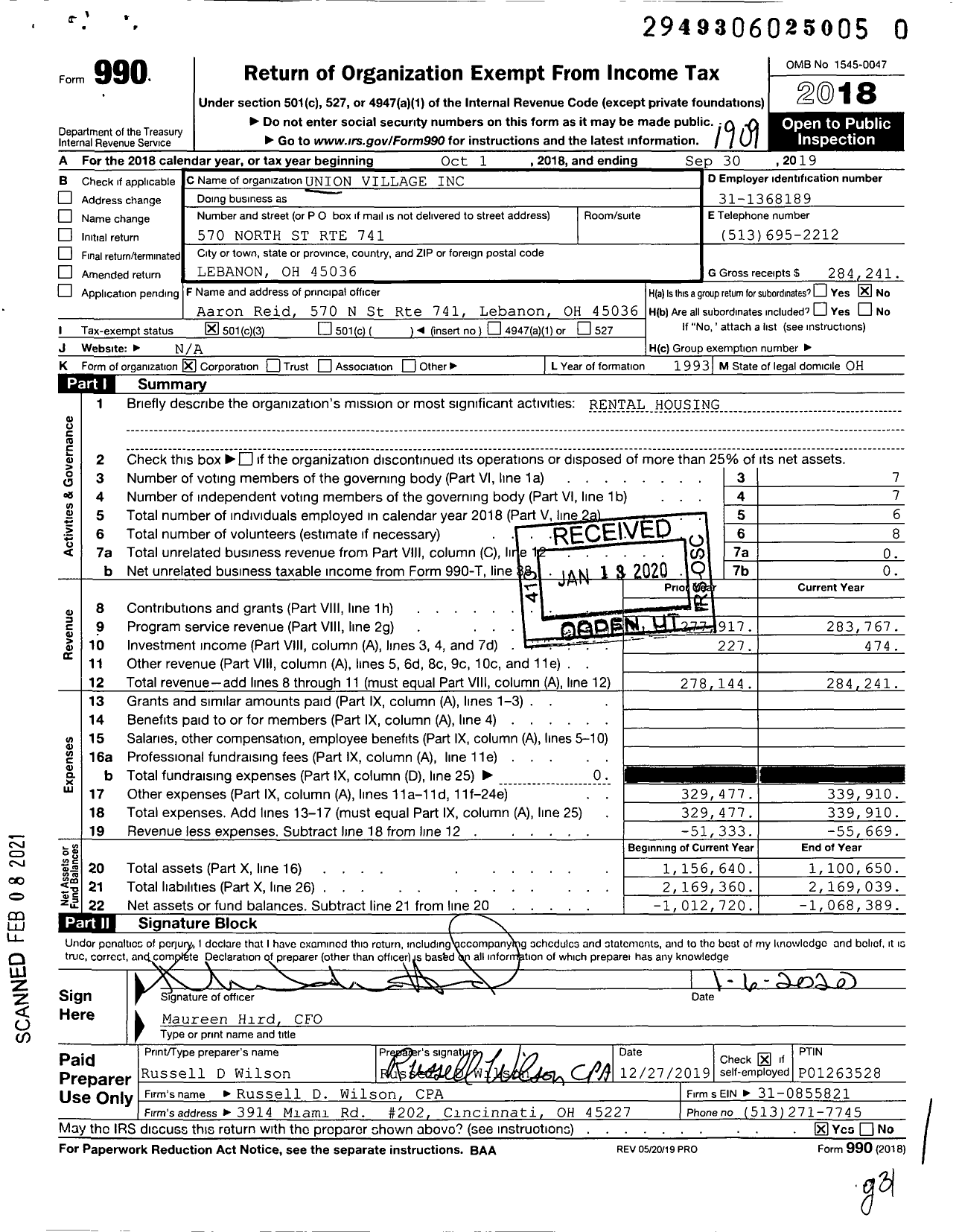 Image of first page of 2018 Form 990 for Union Village