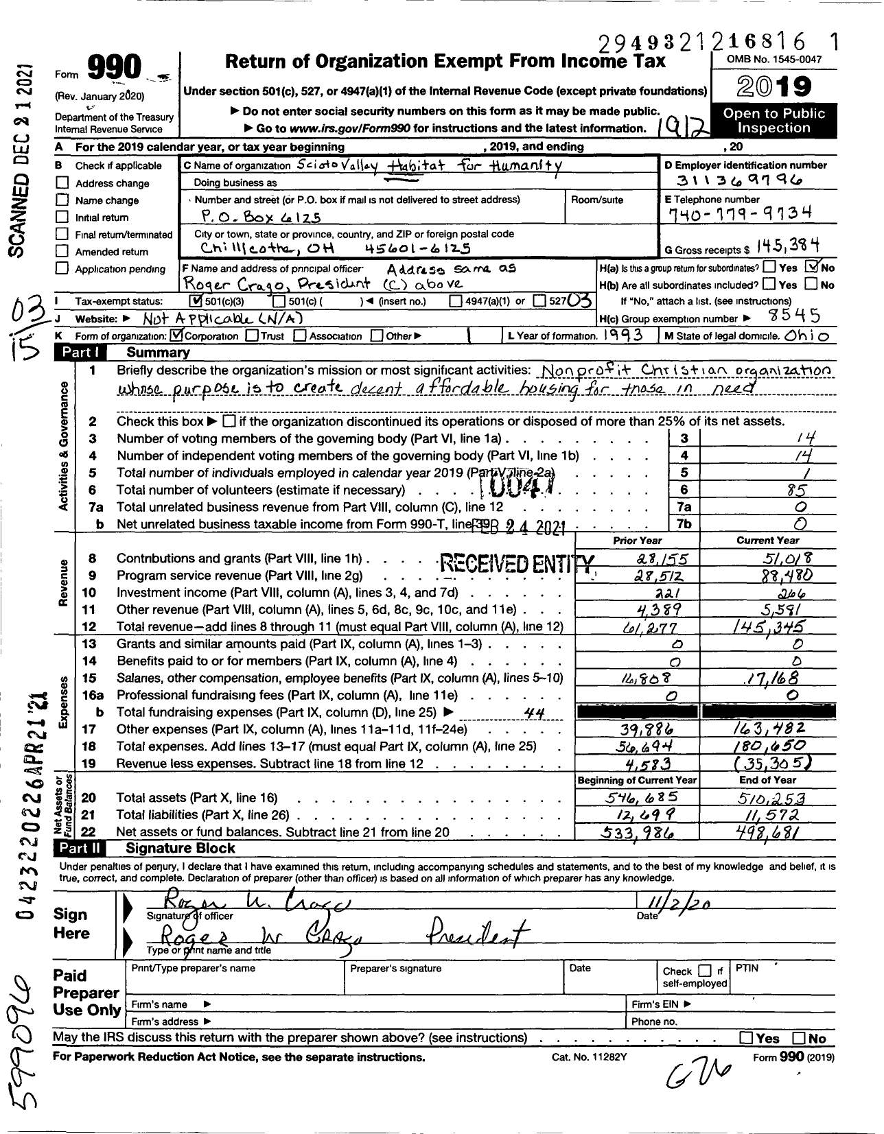 Image of first page of 2019 Form 990 for Habitat for Humanity - Scioto Valley HFH