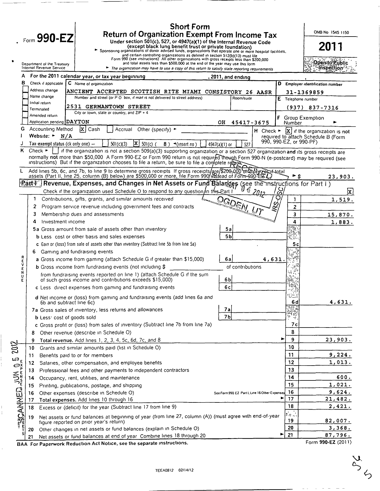 Image of first page of 2011 Form 990EO for Miami Consistory 26 Ancient and Accepted Scottish Rite of