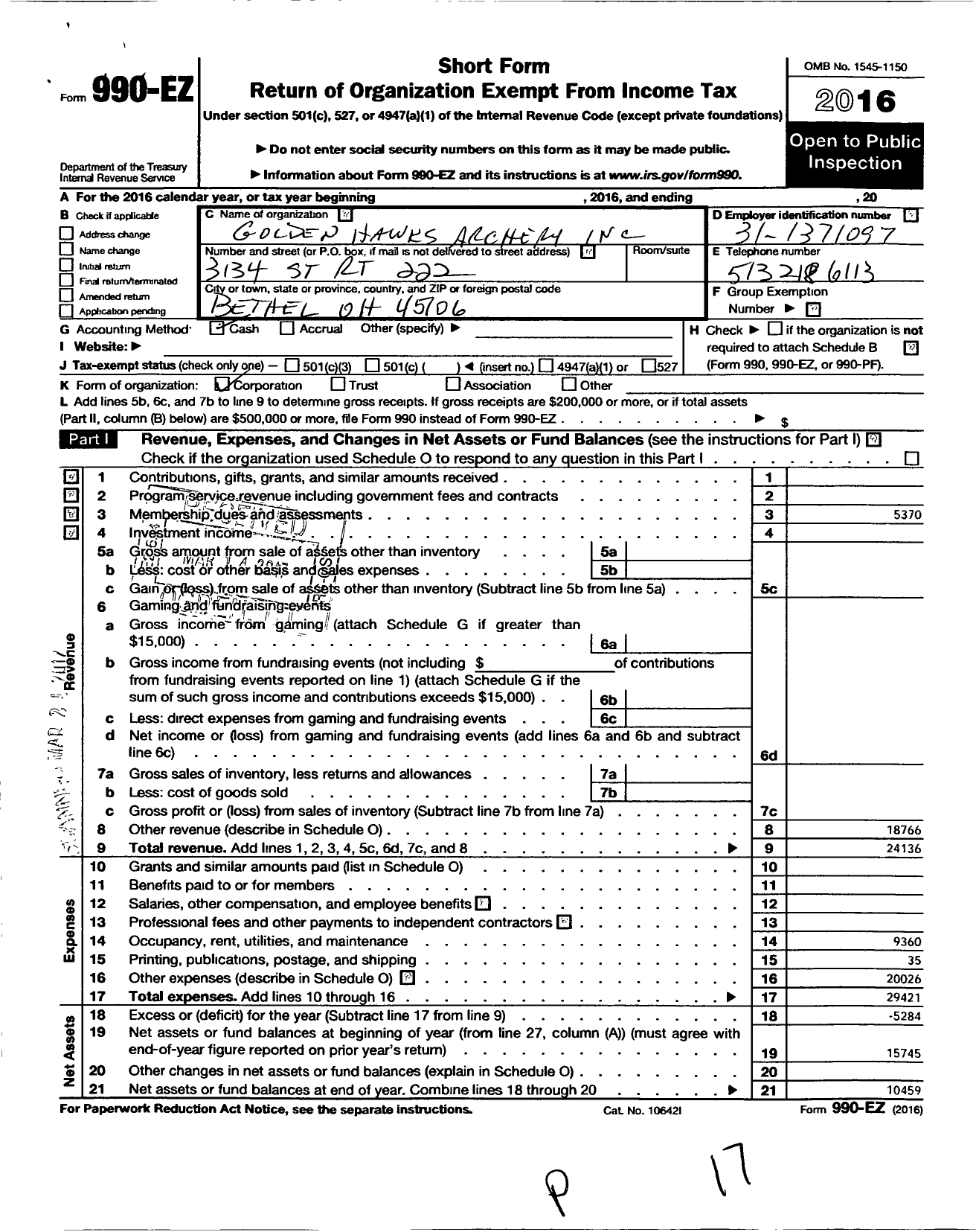 Image of first page of 2016 Form 990EO for Golden Hawks Archery Club