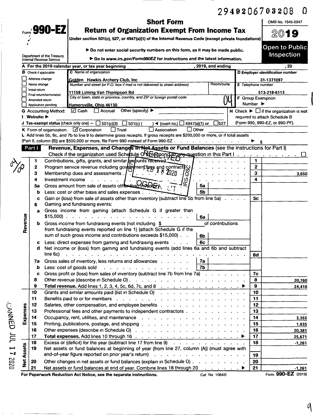 Image of first page of 2019 Form 990EO for Golden Hawks Archery Club