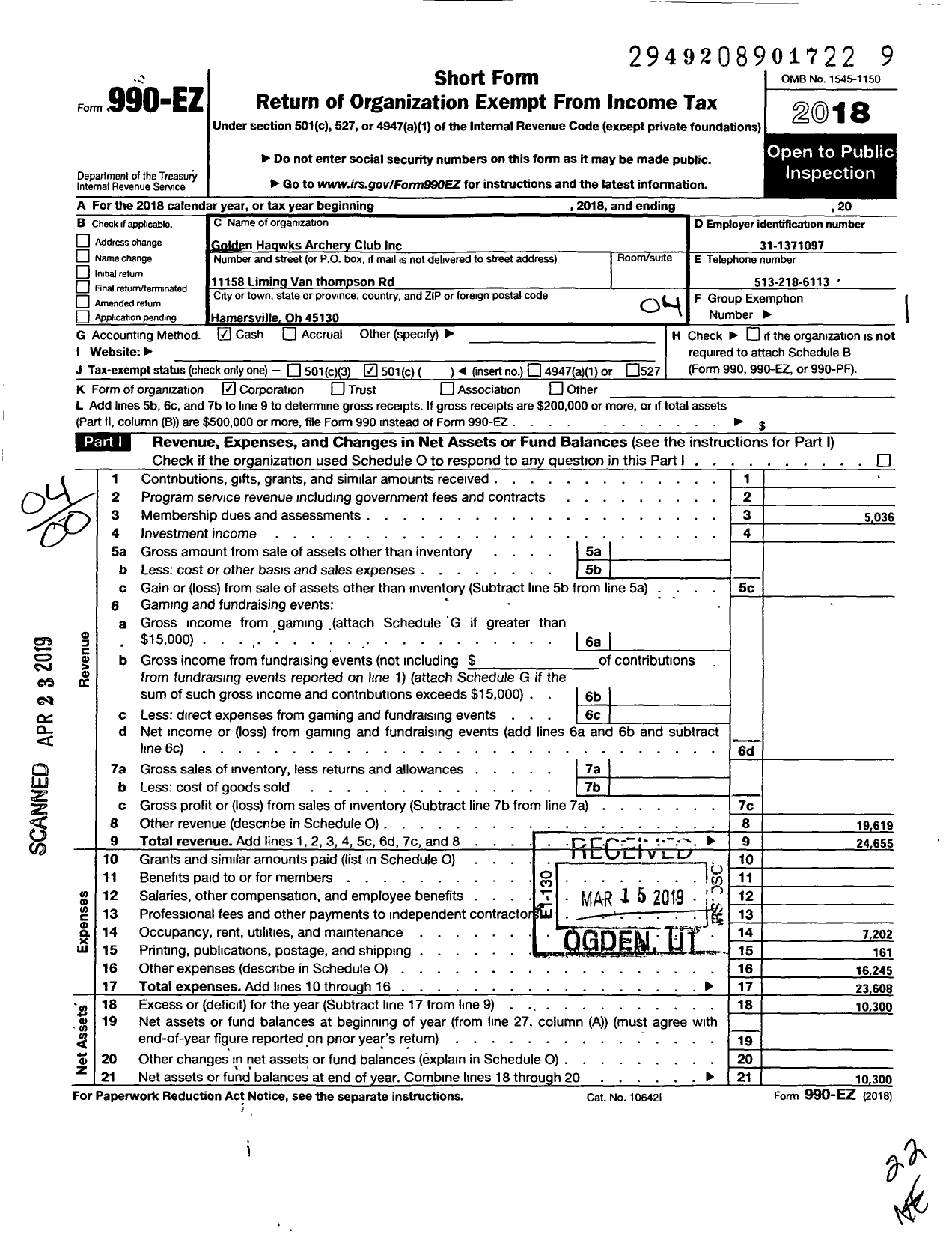 Image of first page of 2018 Form 990EO for Golden Hawks Archery Club