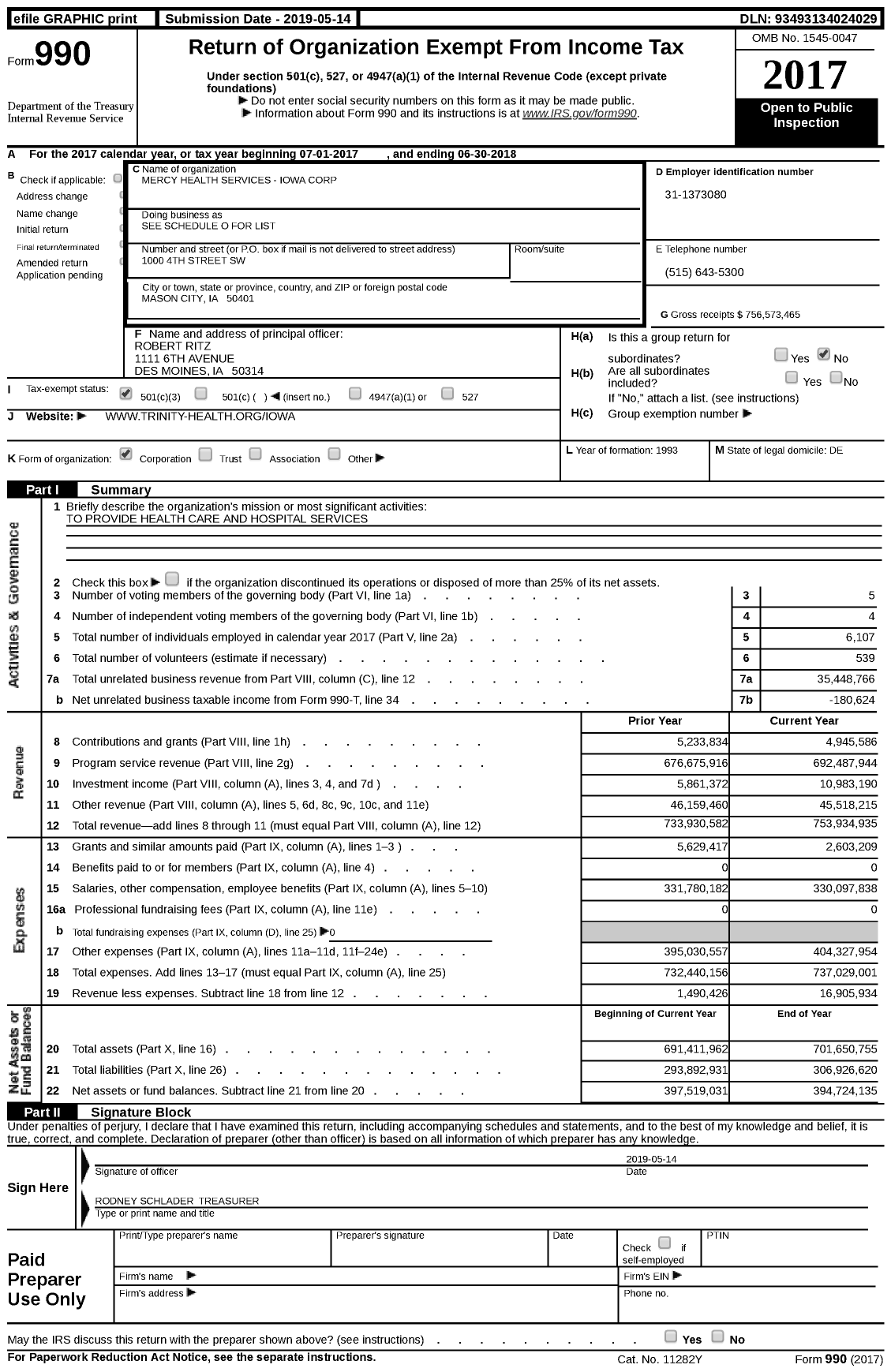 Image of first page of 2017 Form 990 for Mercy Health Services - Iowa Corporation