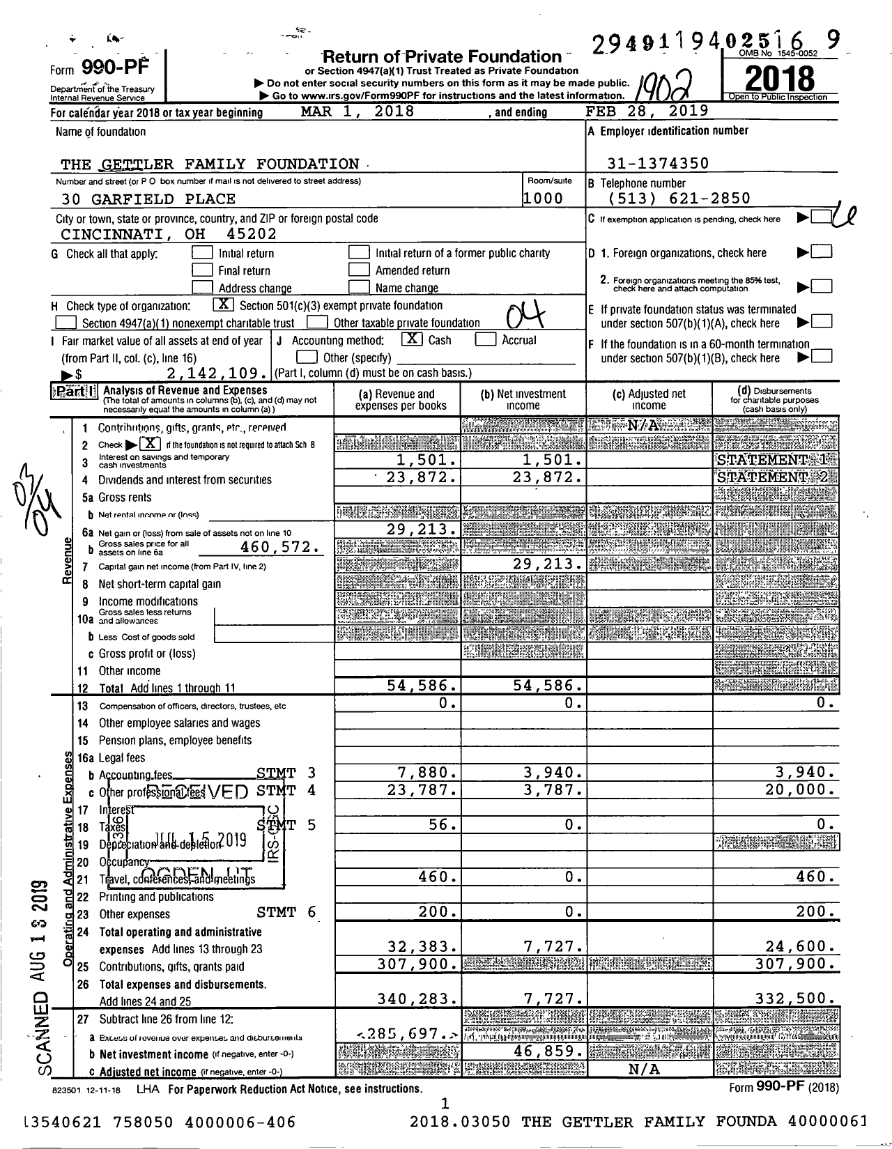 Image of first page of 2018 Form 990PF for The GETTLER FAMily FOUNDATION