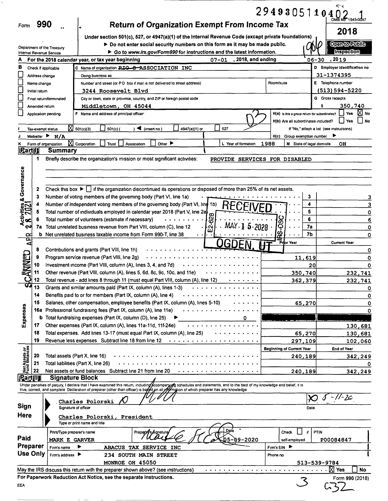 Image of first page of 2018 Form 990 for Rios Association