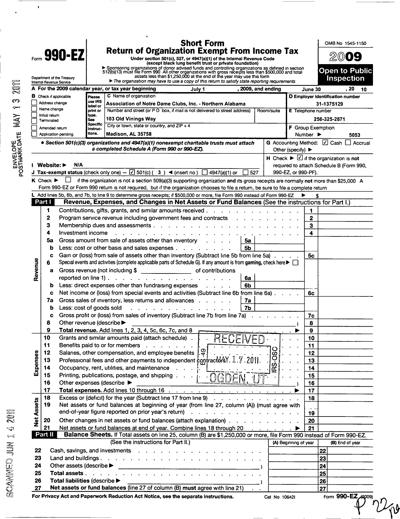 Image of first page of 2009 Form 990EZ for Association of Notre Dame Clubs Inc - Northern Alabama