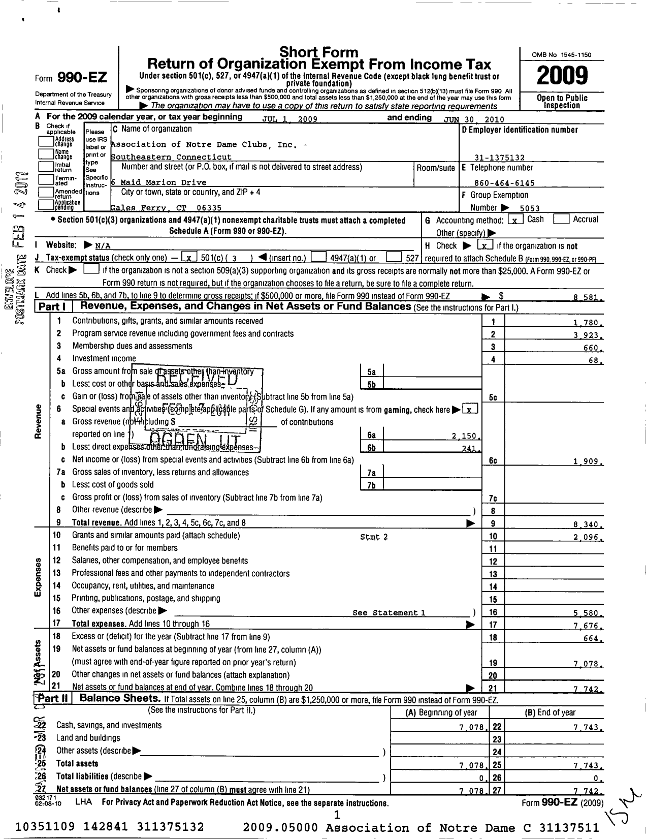 Image of first page of 2009 Form 990EZ for Association of Notre Dame Clubs Inc - Southeastern Connecticut