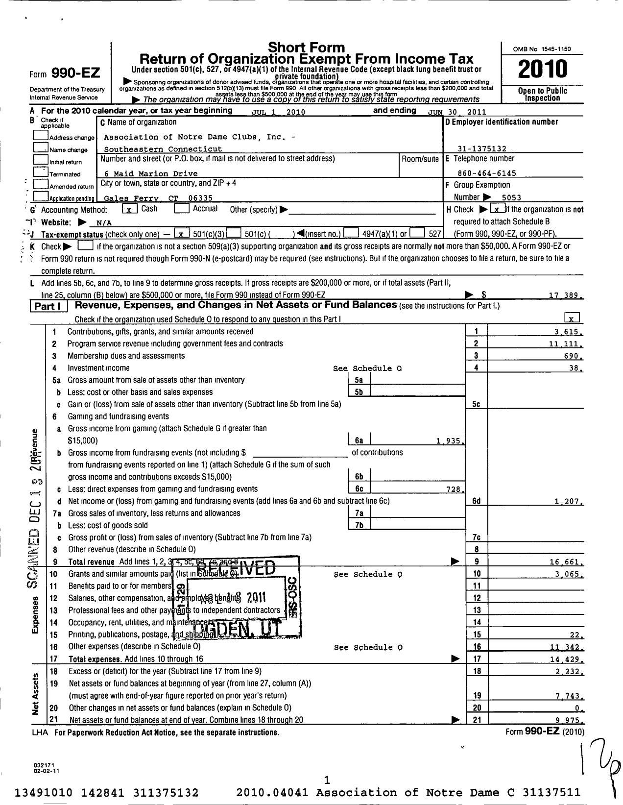 Image of first page of 2010 Form 990EZ for Association of Notre Dame Clubs Inc - Southeastern Connecticut