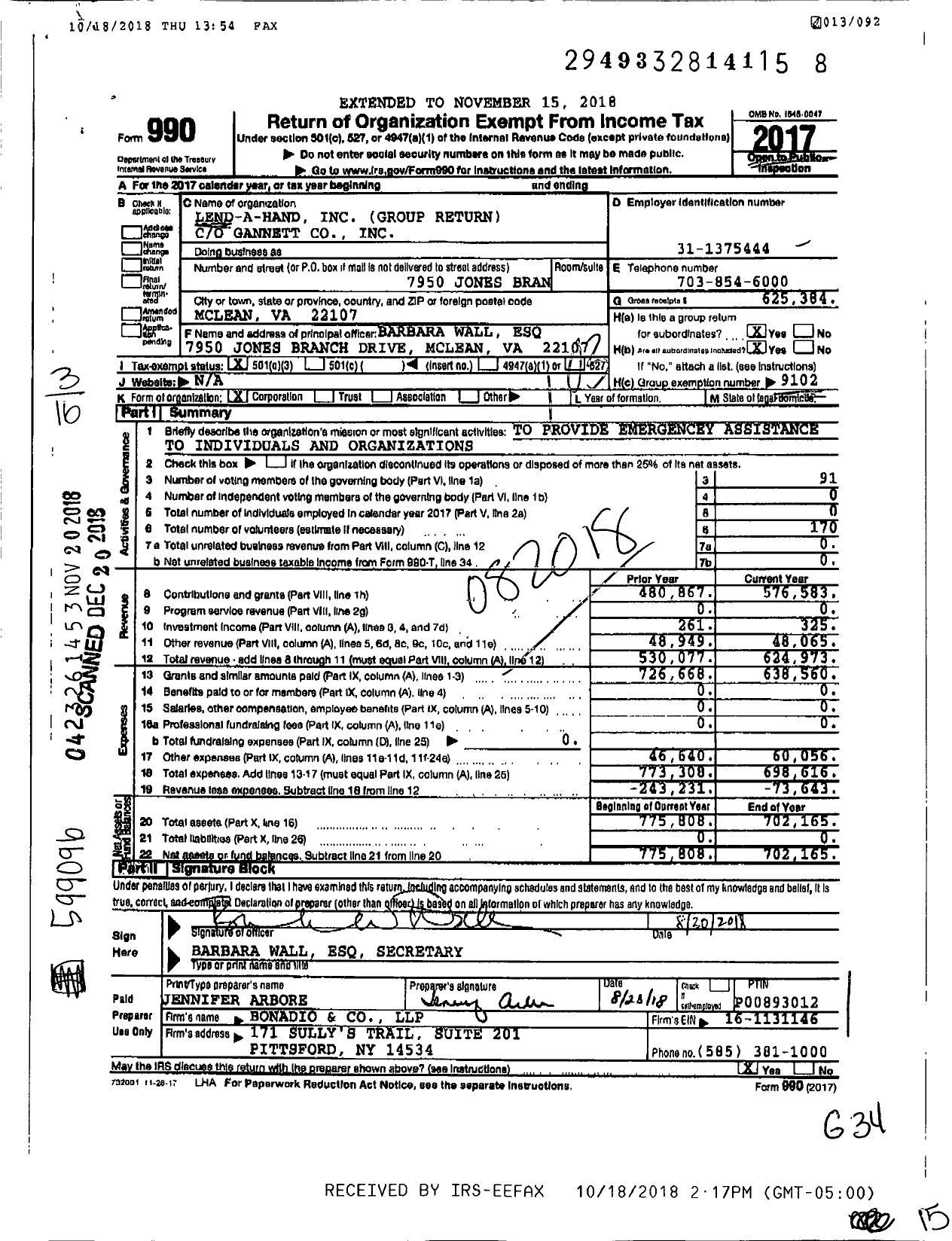 Image of first page of 2017 Form 990 for Lend-A-Hand / Group Return