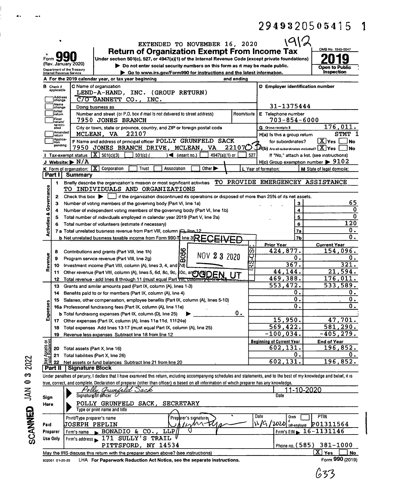 Image of first page of 2019 Form 990 for Lend-A-Hand / Group Return