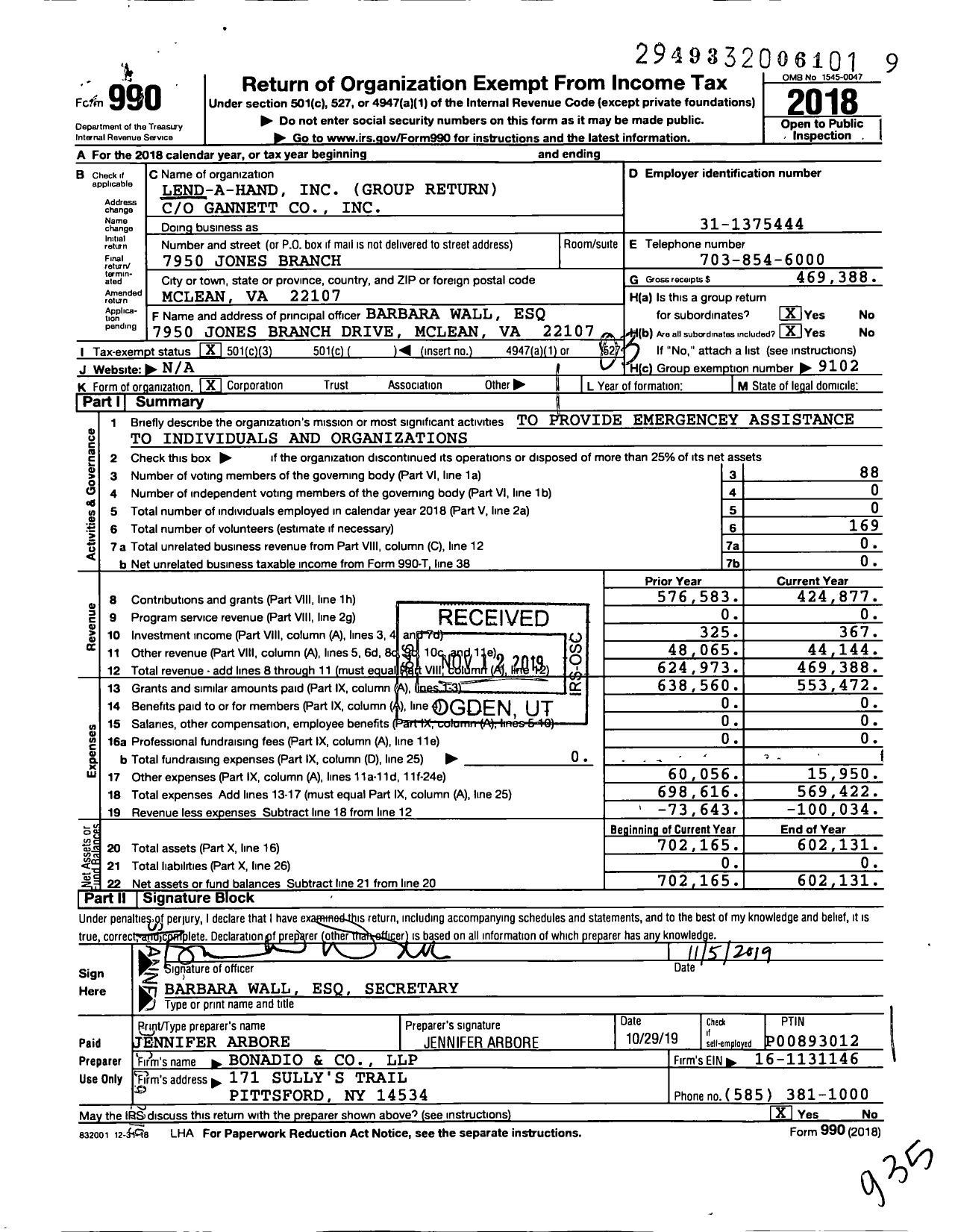 Image of first page of 2018 Form 990 for Lend-A-Hand / Group Return