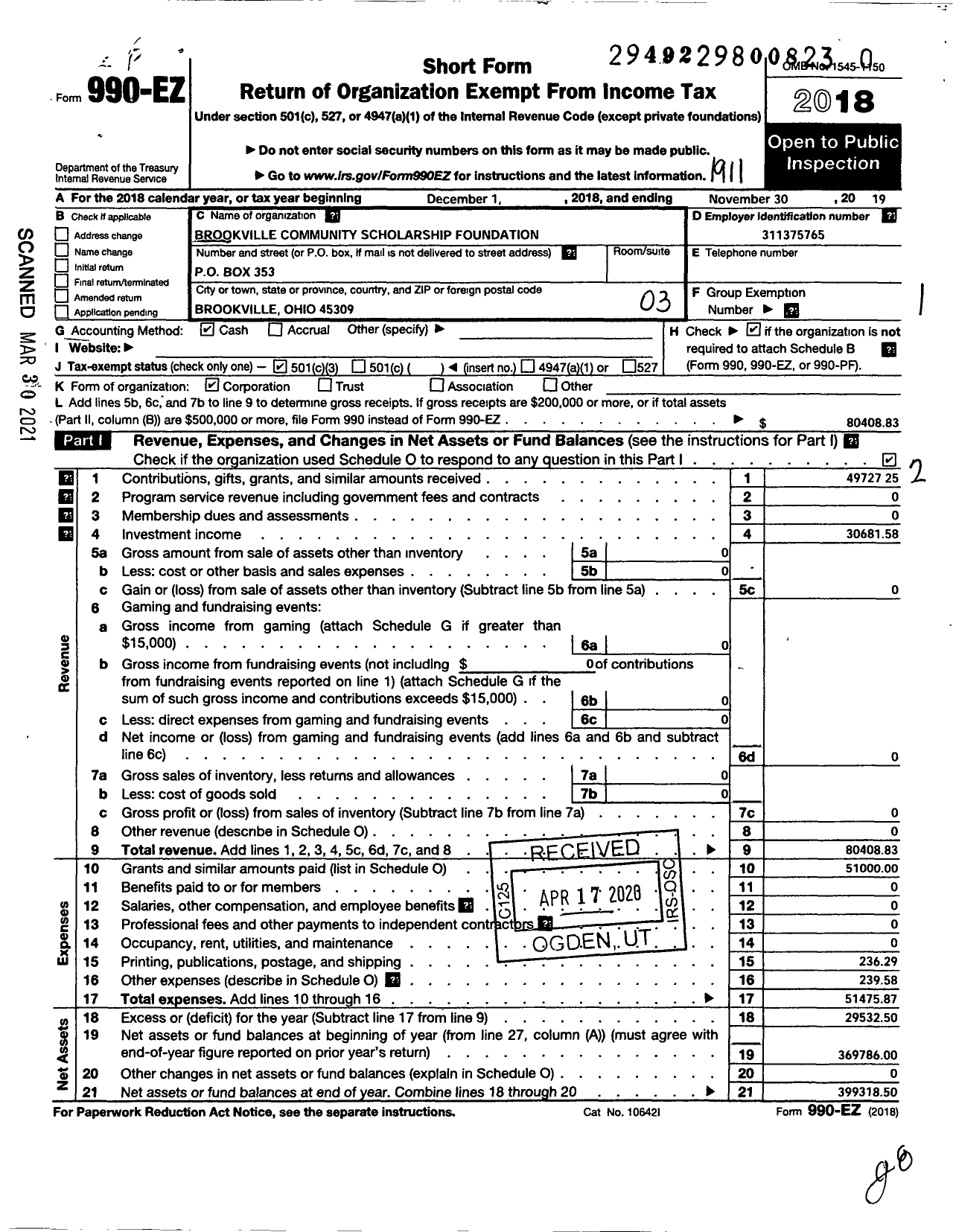 Image of first page of 2018 Form 990EZ for Brookville Community Scholarship Foundation