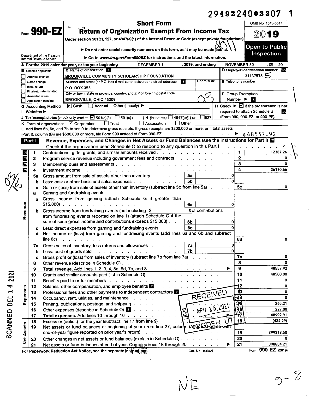 Image of first page of 2019 Form 990EZ for Brookville Community Scholarship Foundation