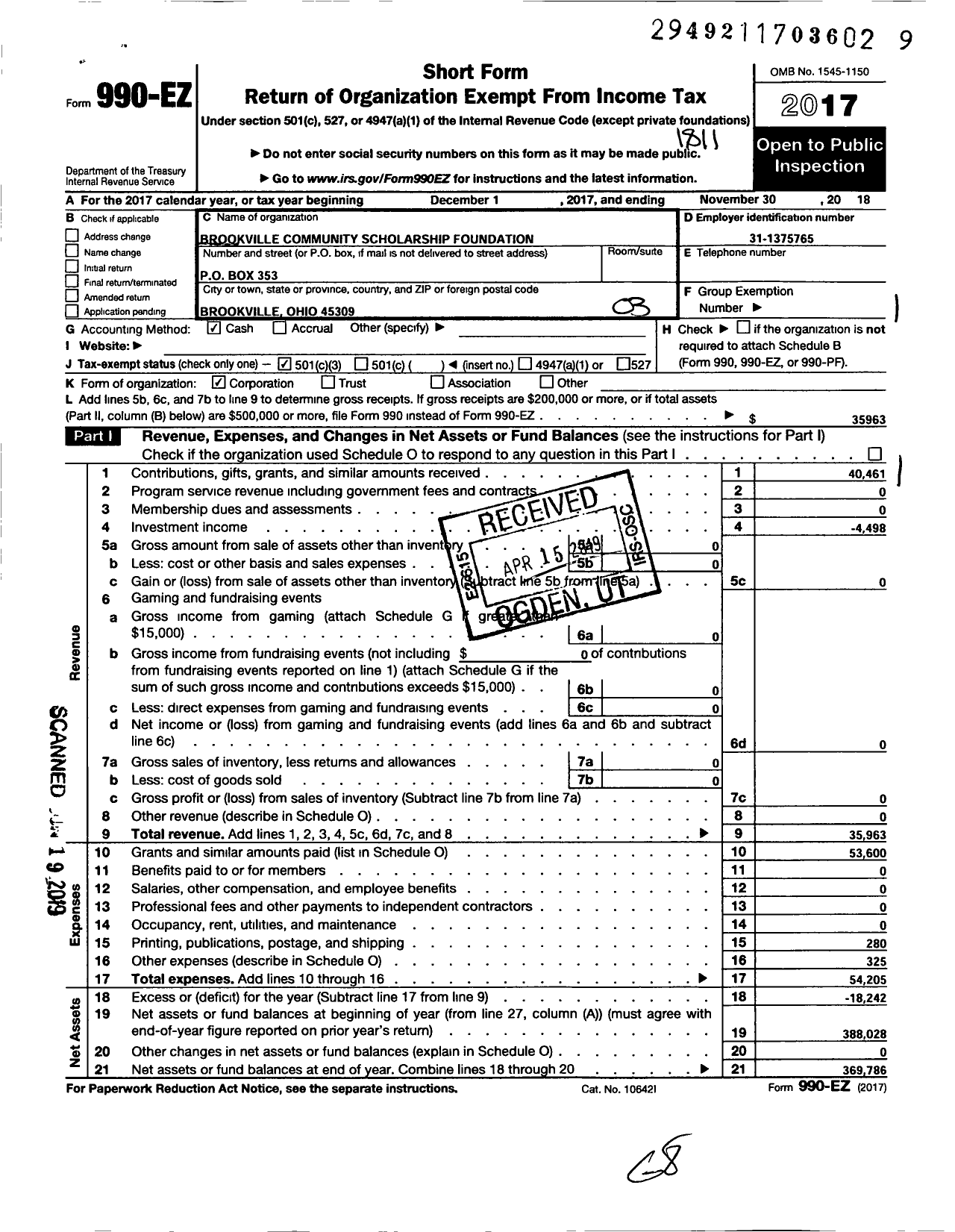 Image of first page of 2017 Form 990EZ for Brookville Community Scholarship Foundation