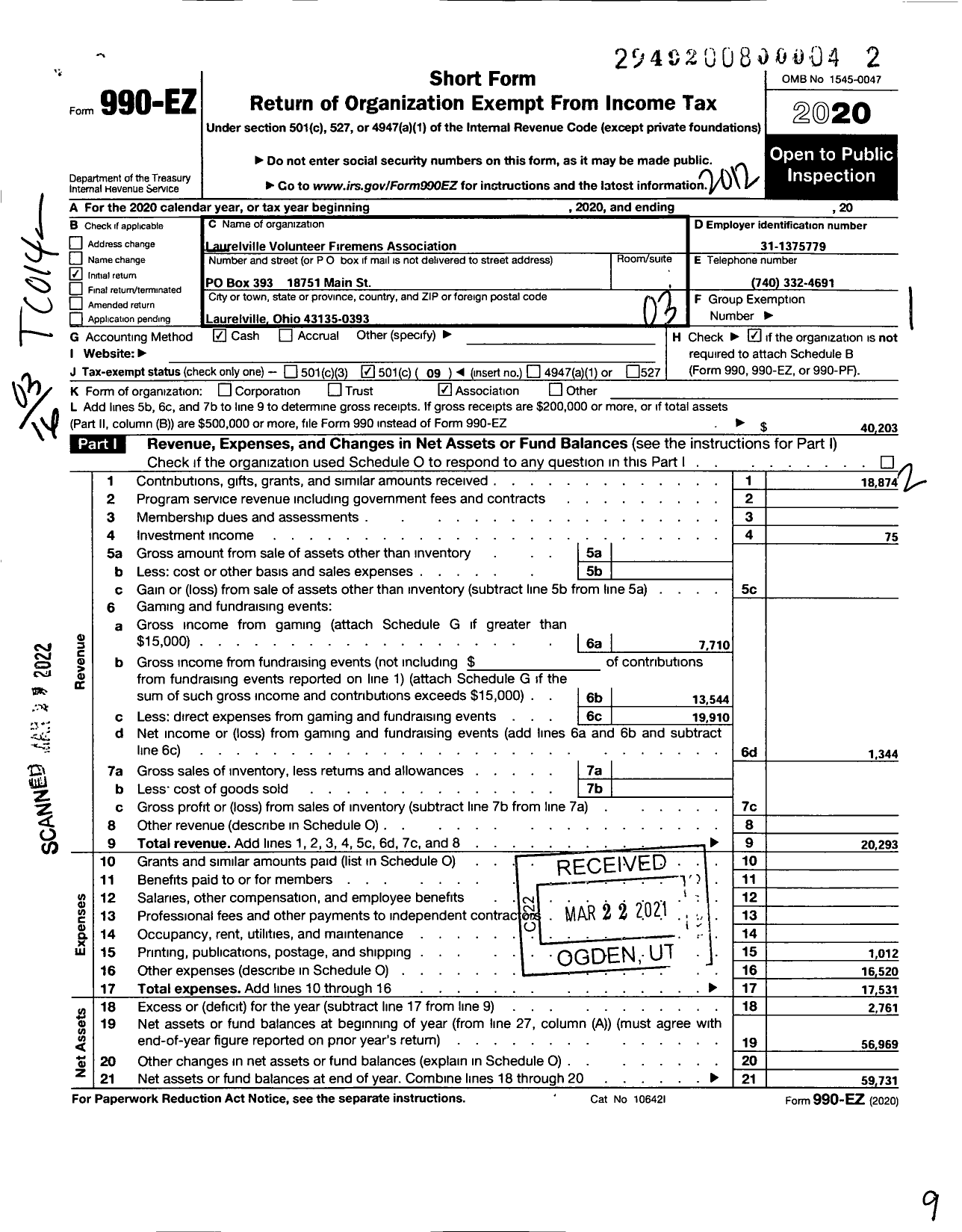 Image of first page of 2020 Form 990EZ for Laurelville Volunteer Firemens Association
