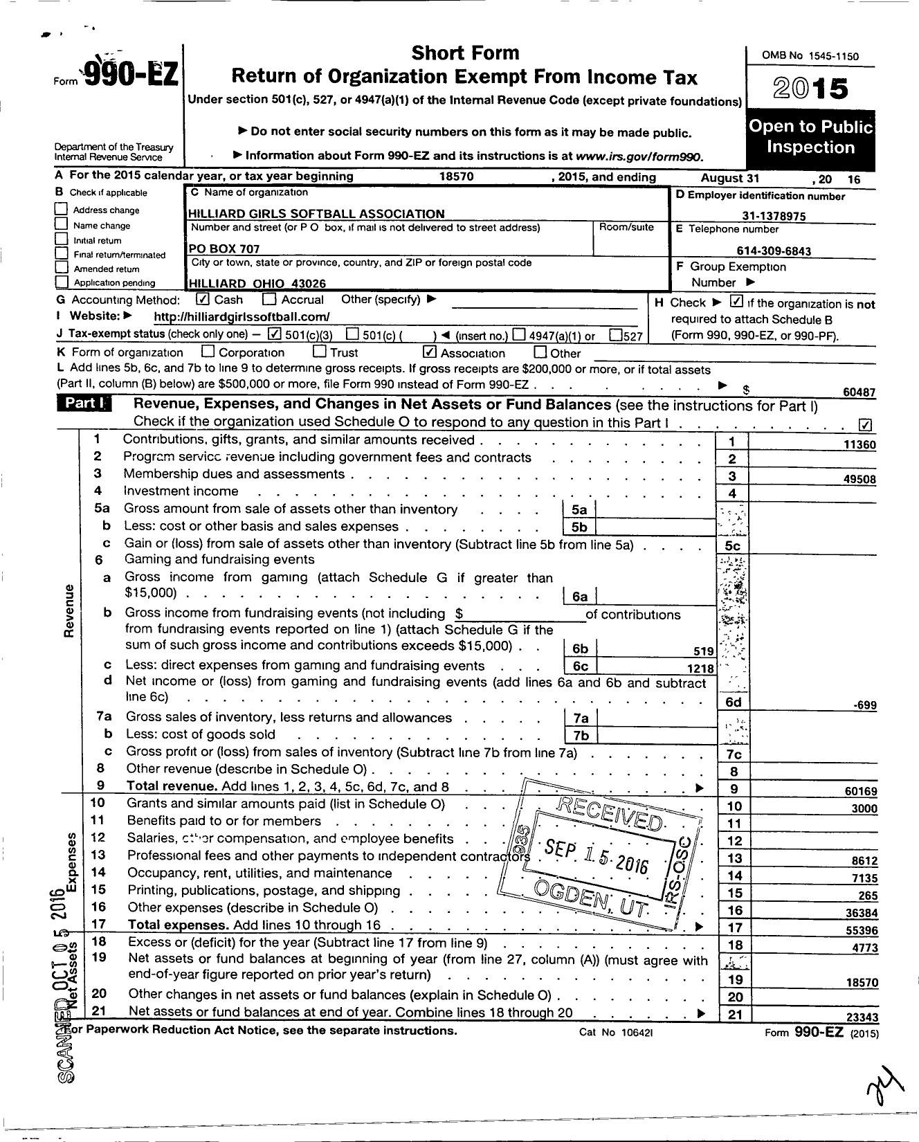 Image of first page of 2015 Form 990EZ for Hilliard Girls Softball Association