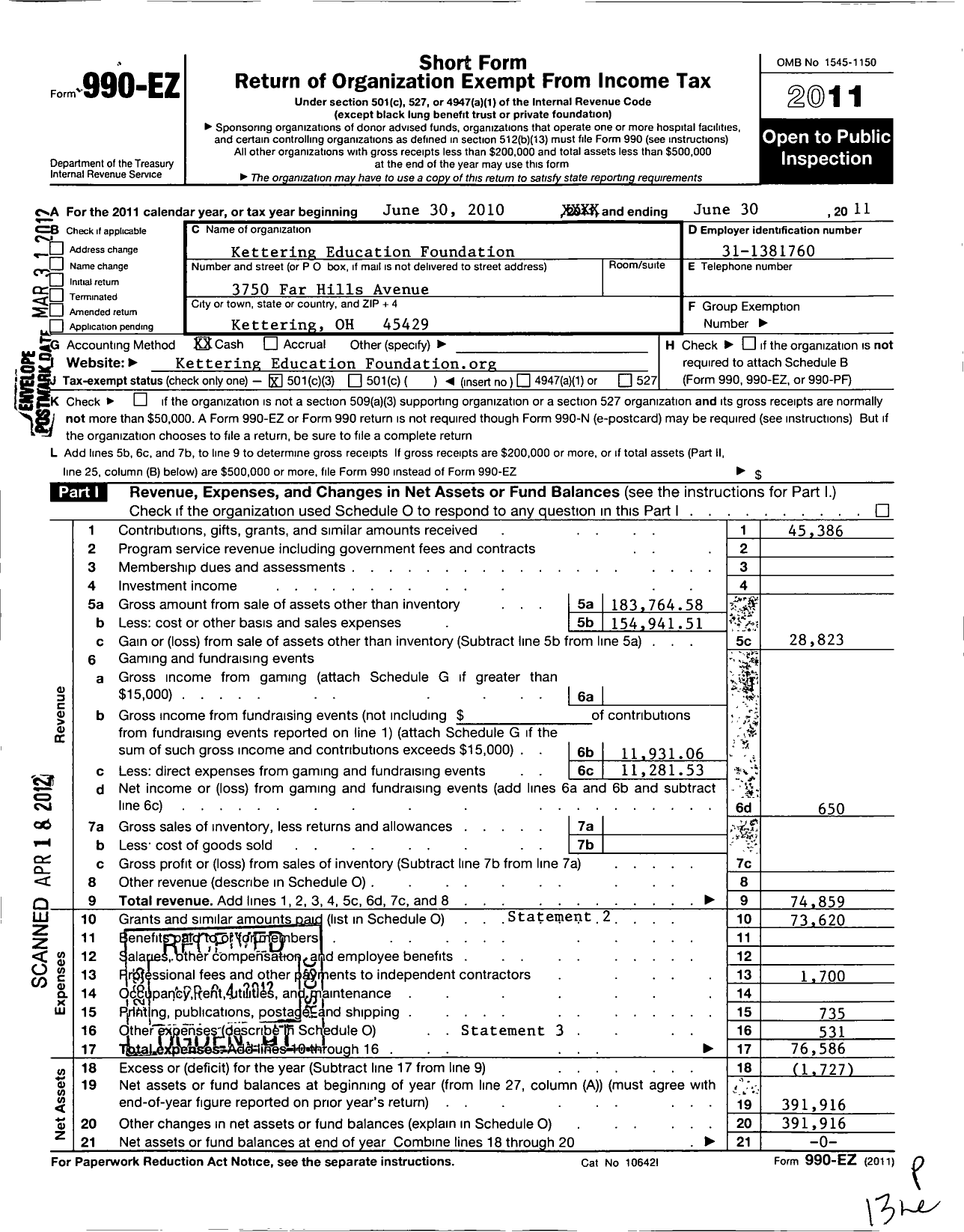 Image of first page of 2010 Form 990EZ for Kettering Education Foundation
