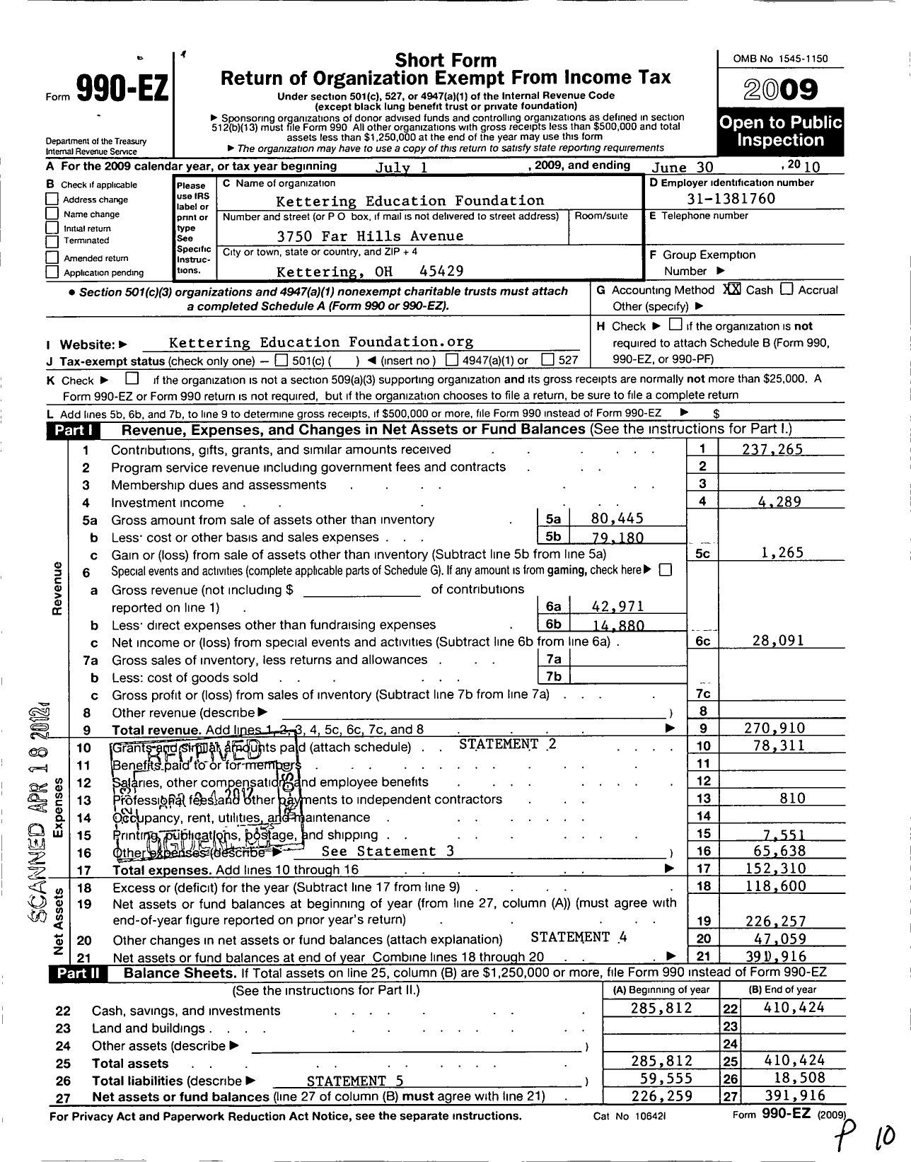 Image of first page of 2009 Form 990EO for Kettering Education Foundation