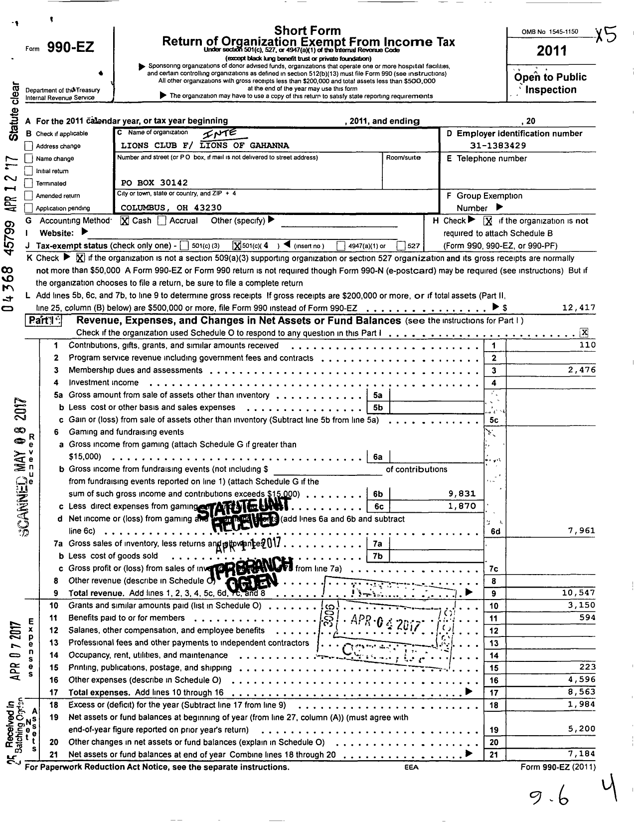 Image of first page of 2010 Form 990EO for Gahanna Lions Club