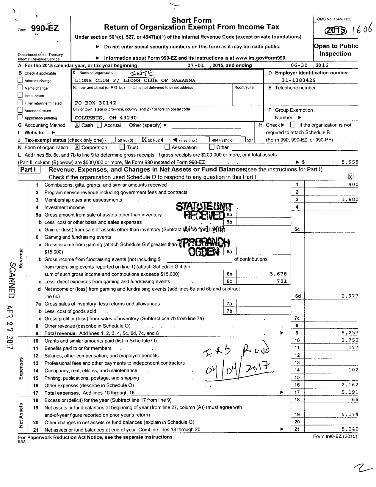 Image of first page of 2015 Form 990EO for Gahanna Lions Club