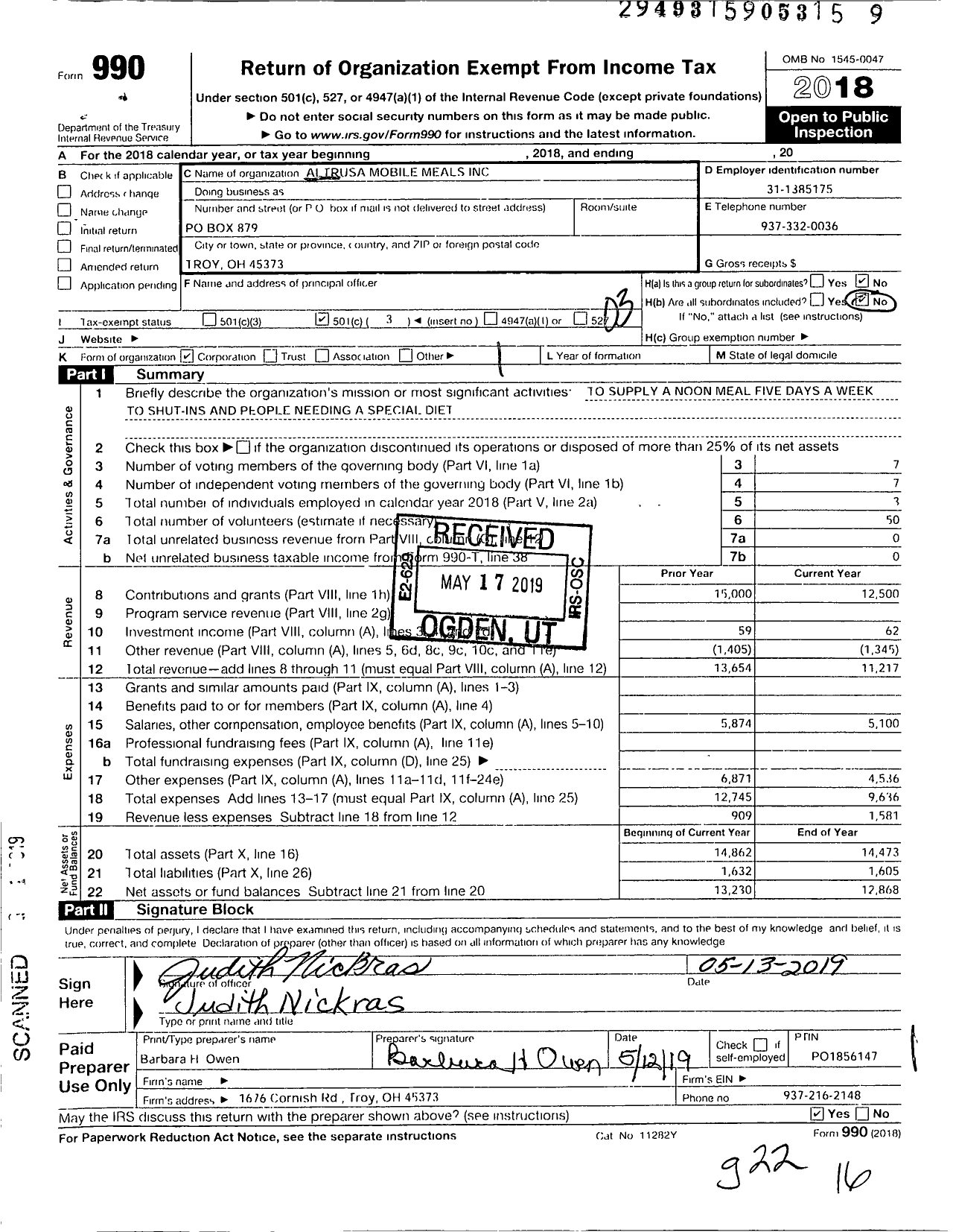 Image of first page of 2018 Form 990 for Altrusa Mobile Meals