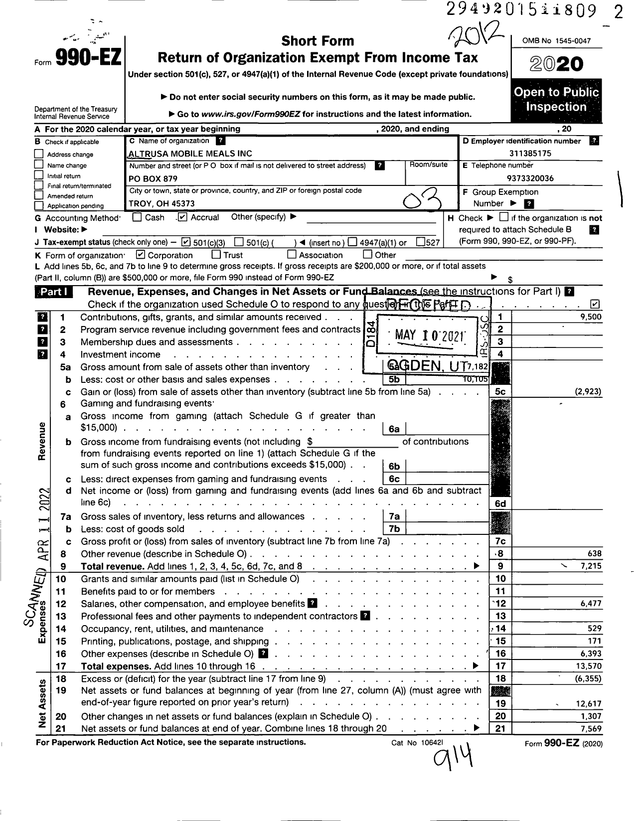 Image of first page of 2020 Form 990EZ for Altrusa Mobile Meals