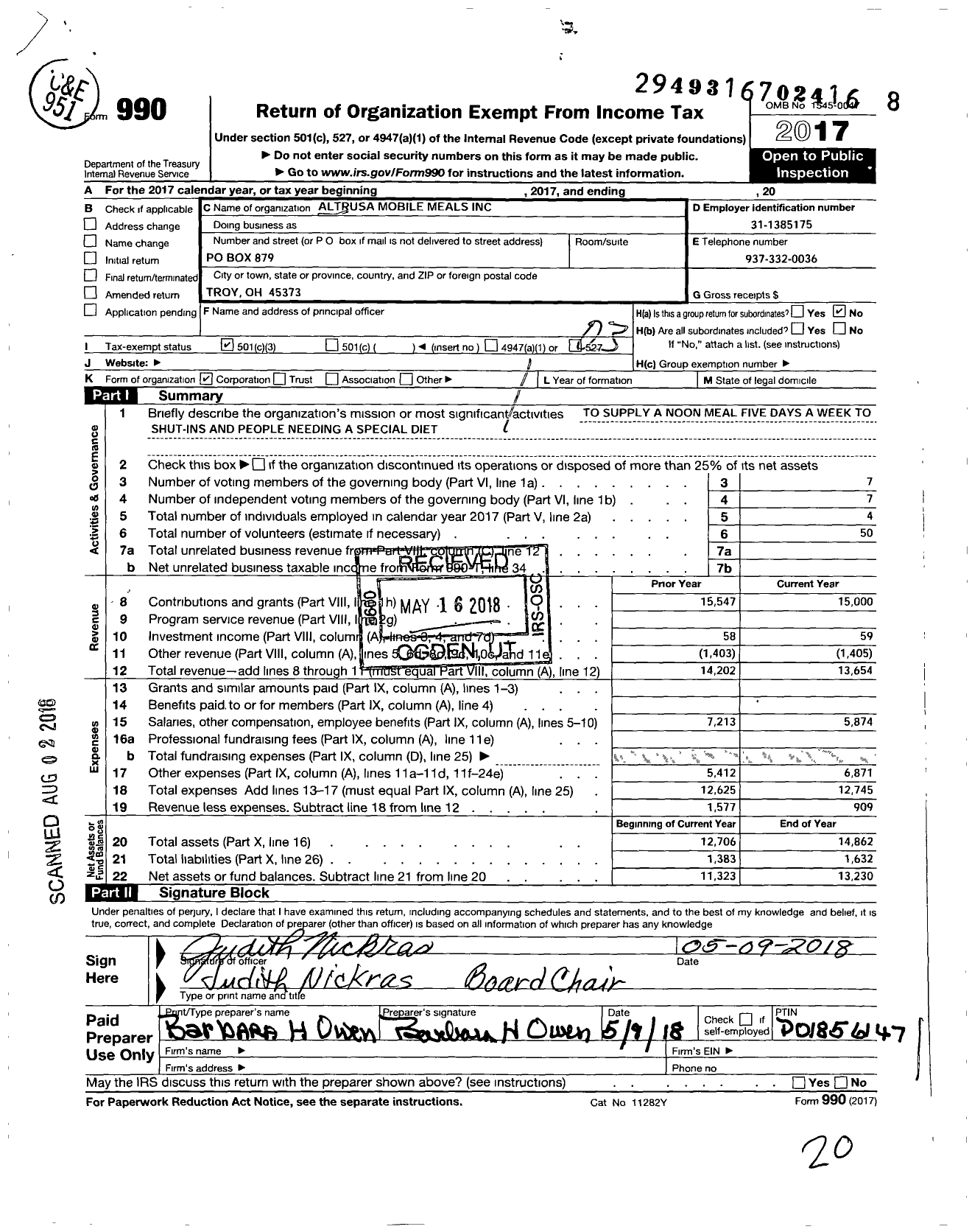 Image of first page of 2017 Form 990 for Altrusa Mobile Meals