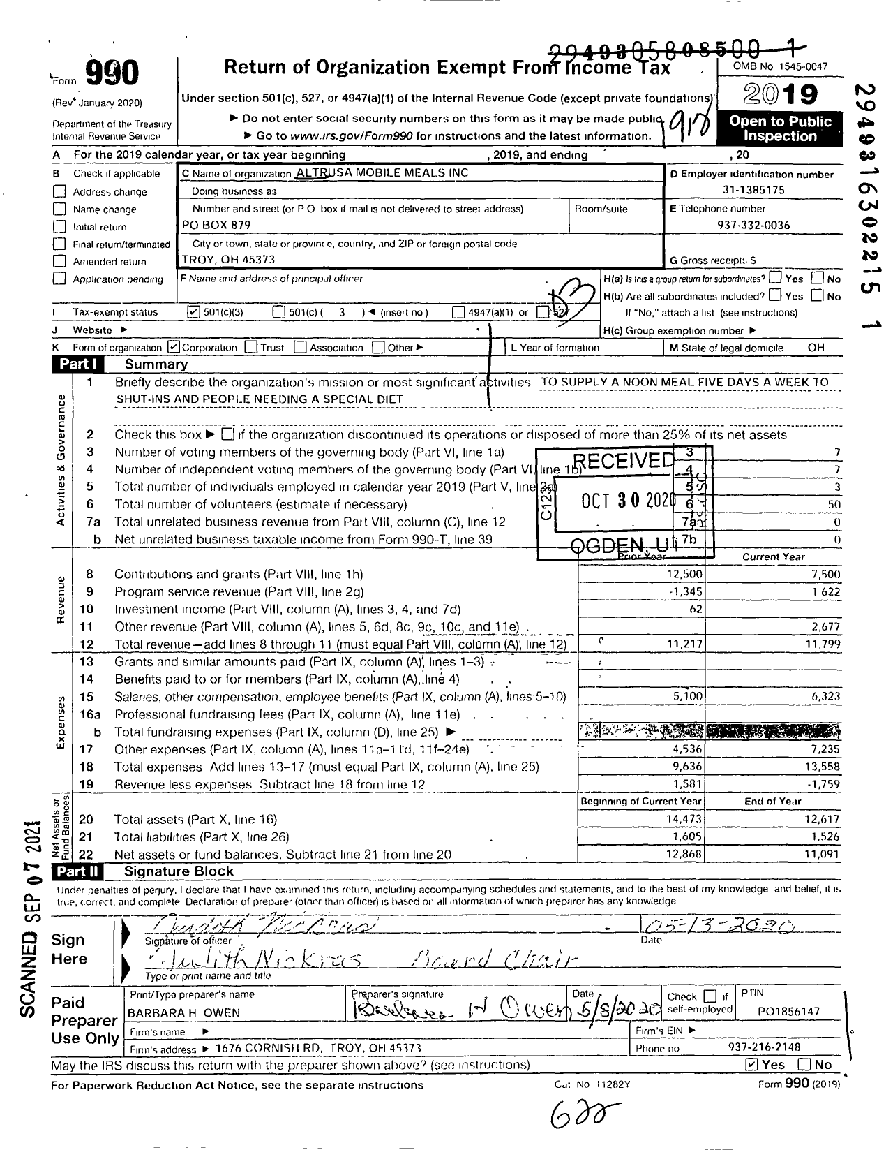 Image of first page of 2019 Form 990 for Altrusa Mobile Meals