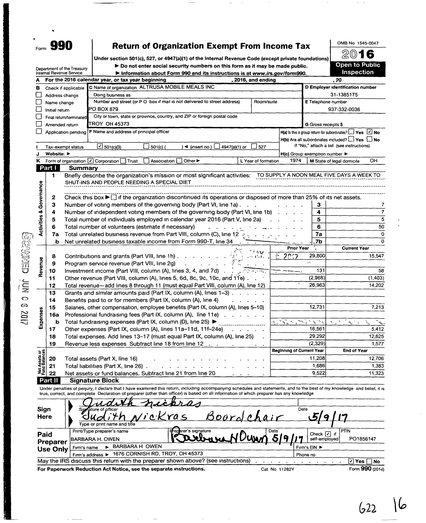 Image of first page of 2016 Form 990 for Altrusa Mobile Meals