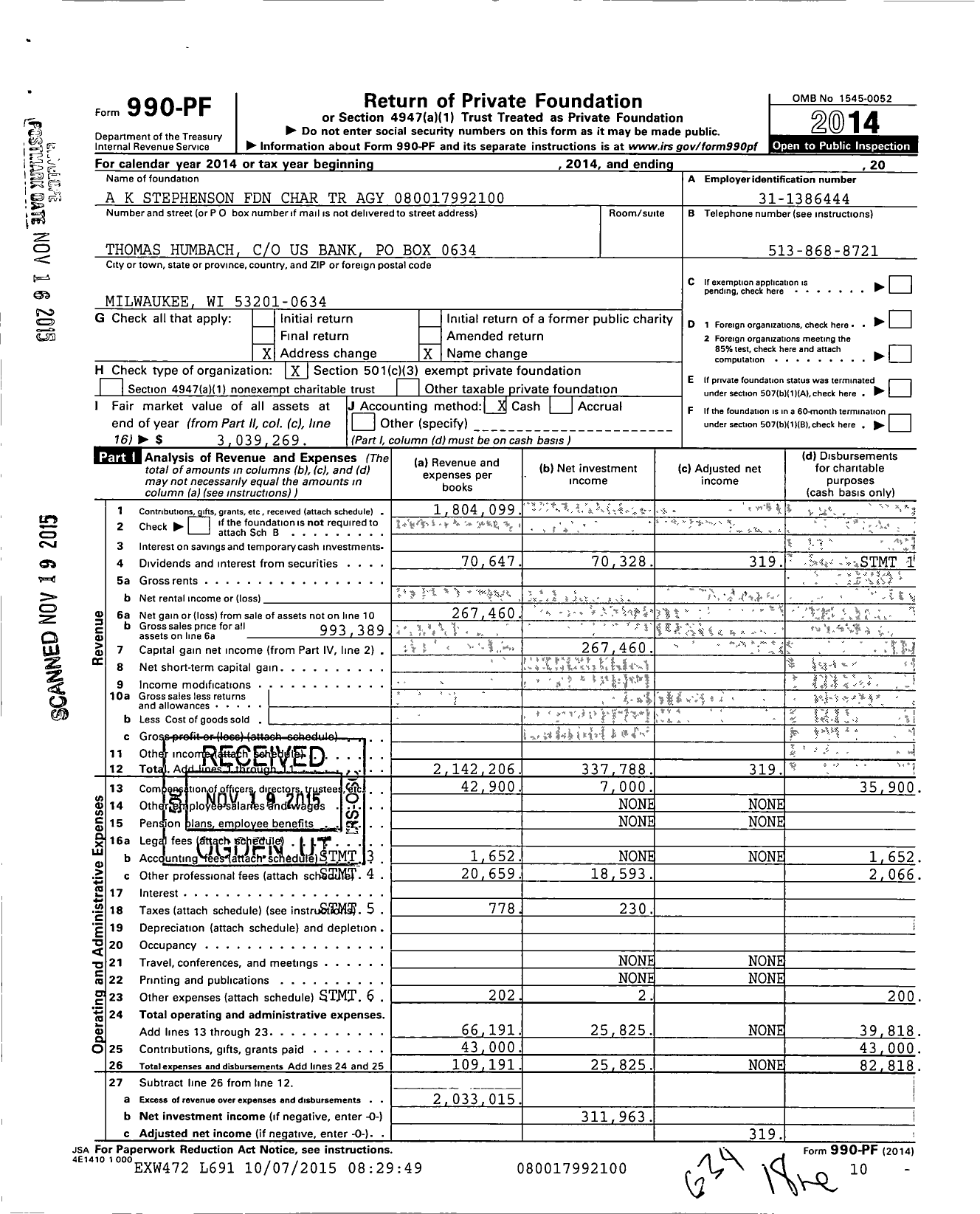 Image of first page of 2014 Form 990PF for A K Stephenson Foundation Charitable Trust Agy