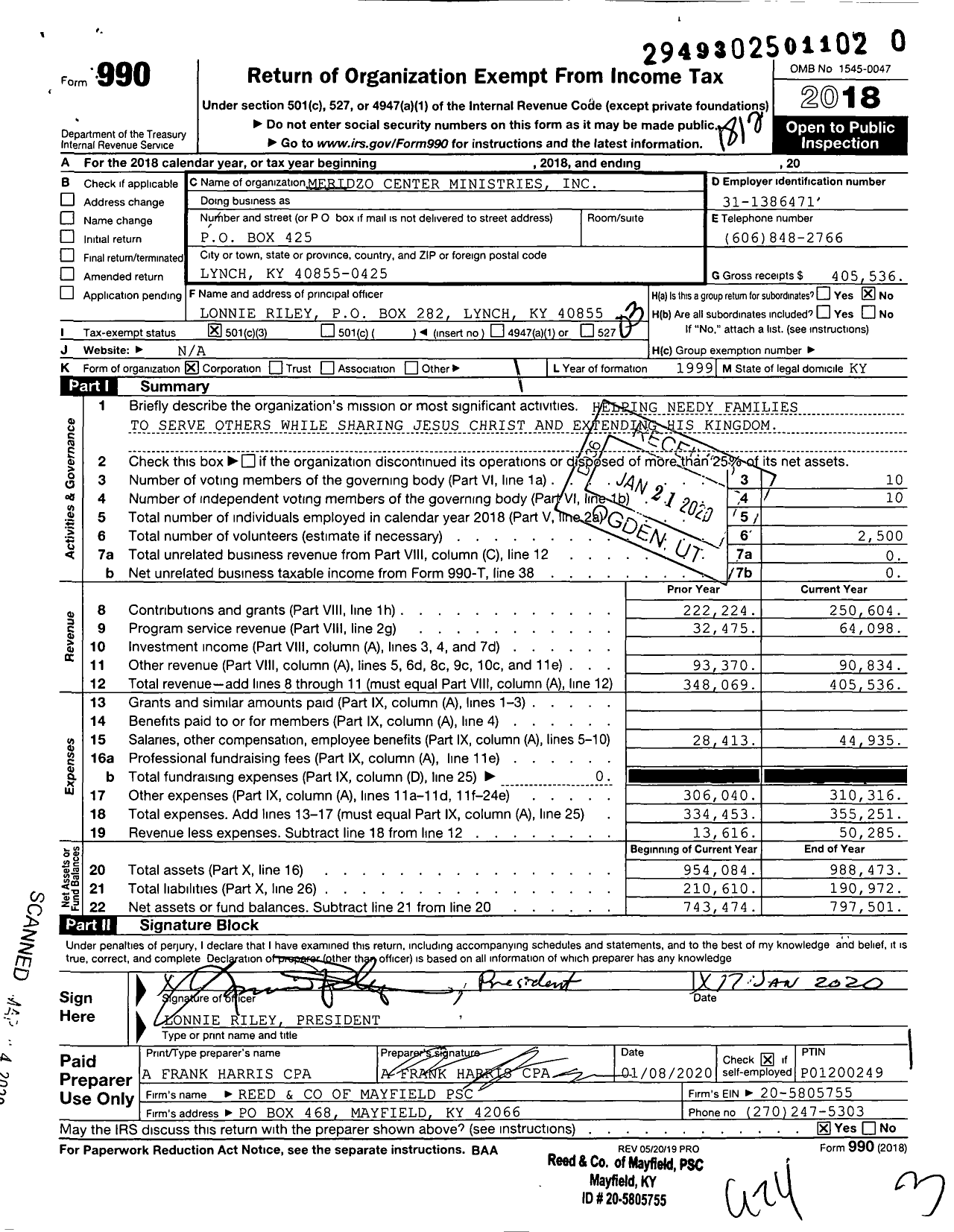 Image of first page of 2018 Form 990 for Meridzo Center Ministries