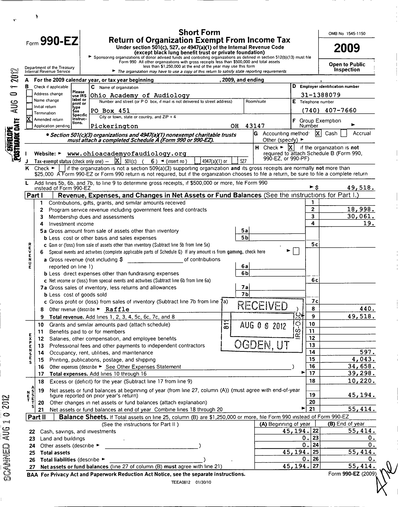 Image of first page of 2009 Form 990EO for Ohio Academy of Audiology