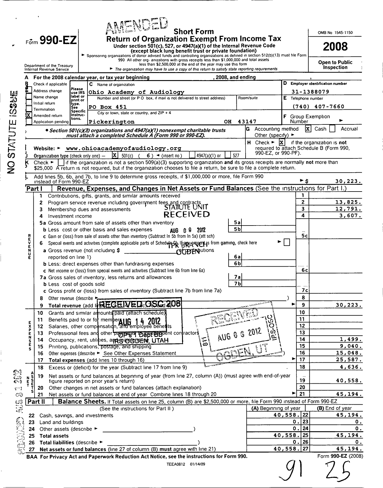 Image of first page of 2008 Form 990EO for Ohio Academy of Audiology