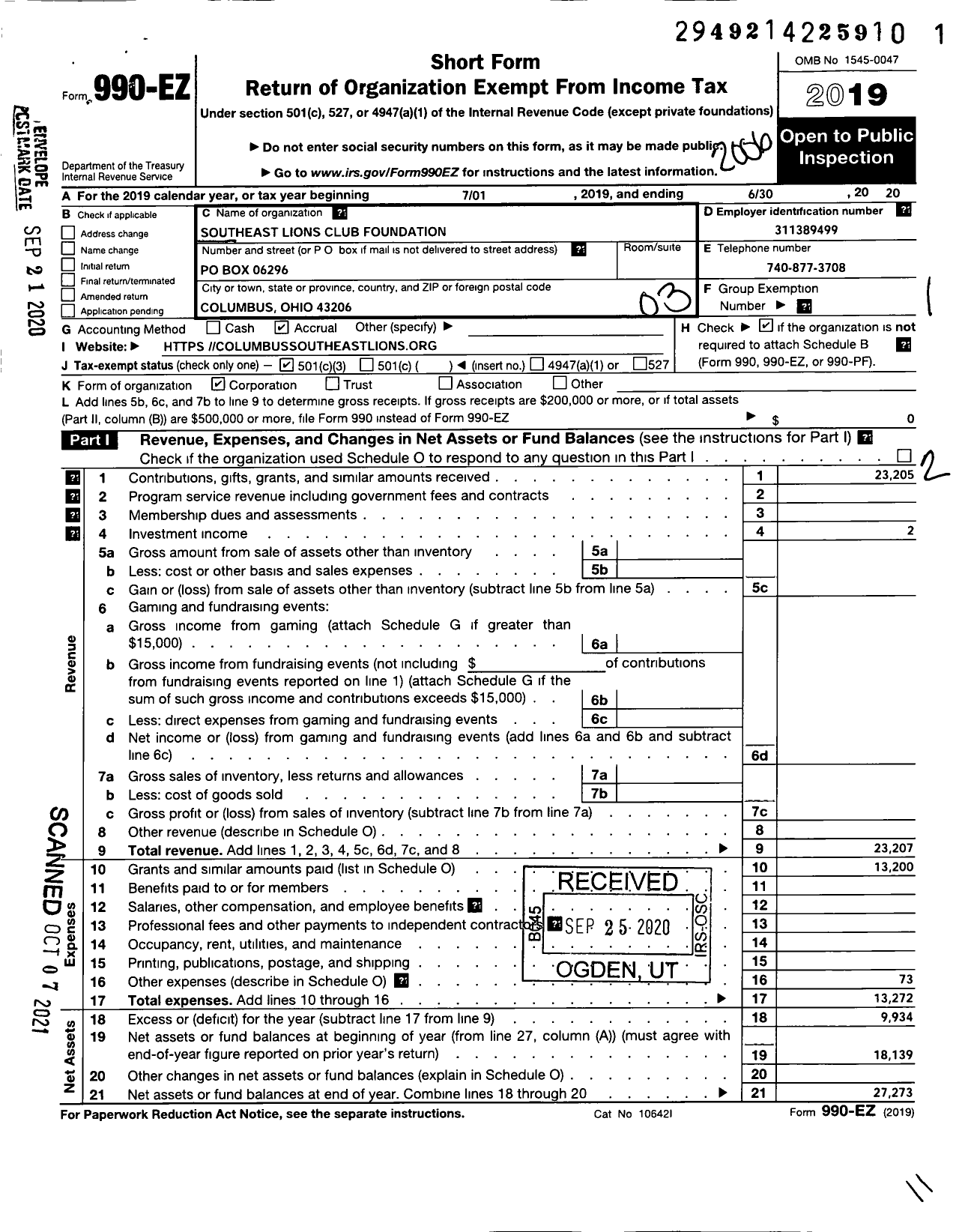 Image of first page of 2019 Form 990EZ for Southeast Lions Club Foundation