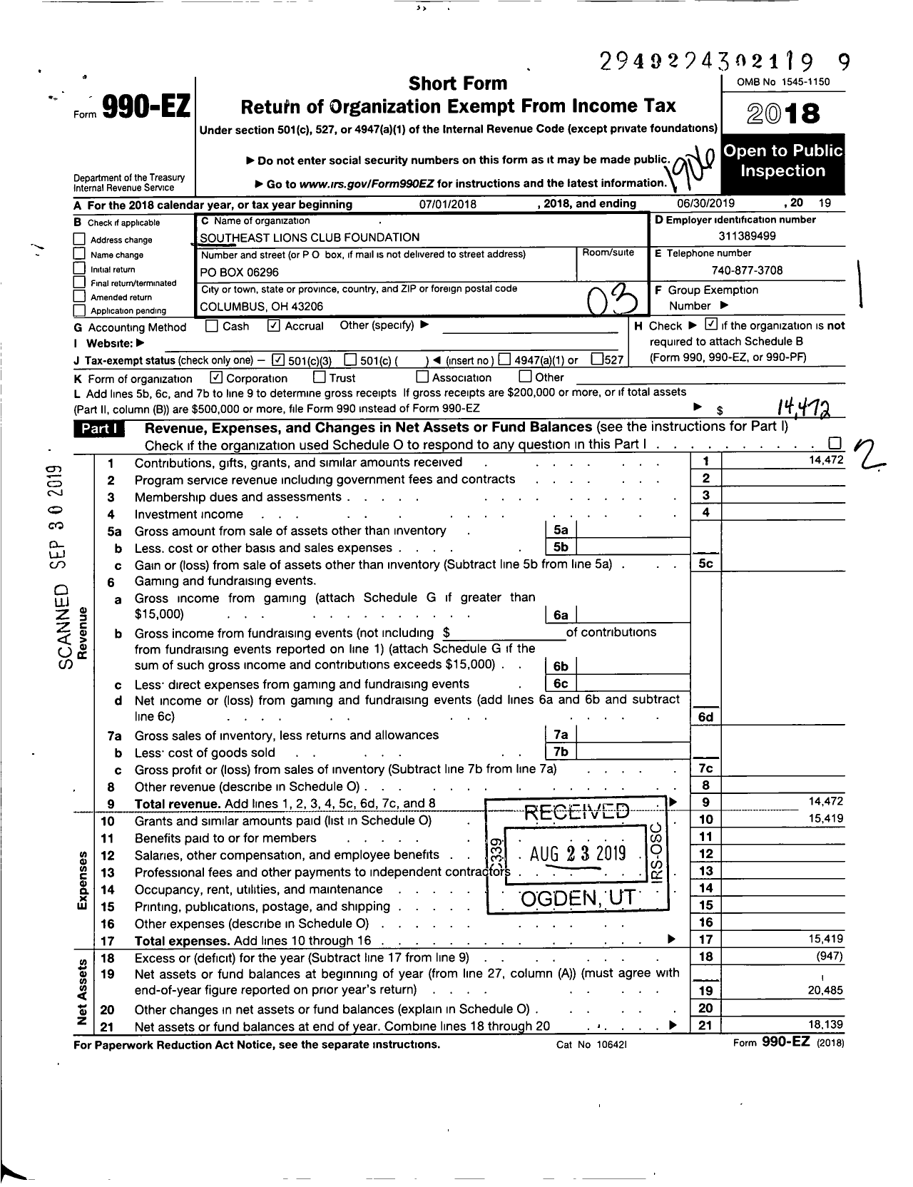 Image of first page of 2018 Form 990EZ for Southeast Lions Club Foundation