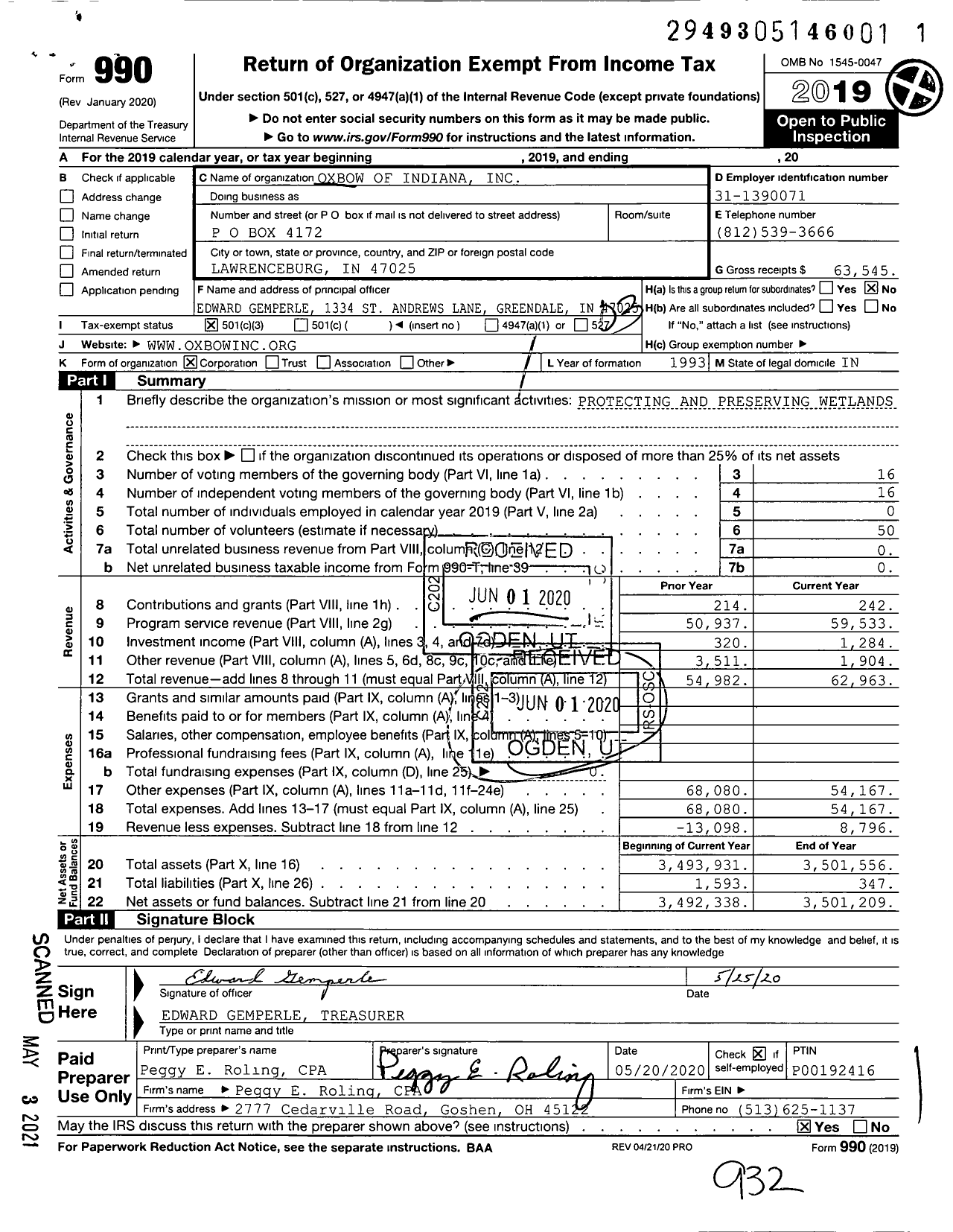 Image of first page of 2019 Form 990 for Oxbow of Indiana