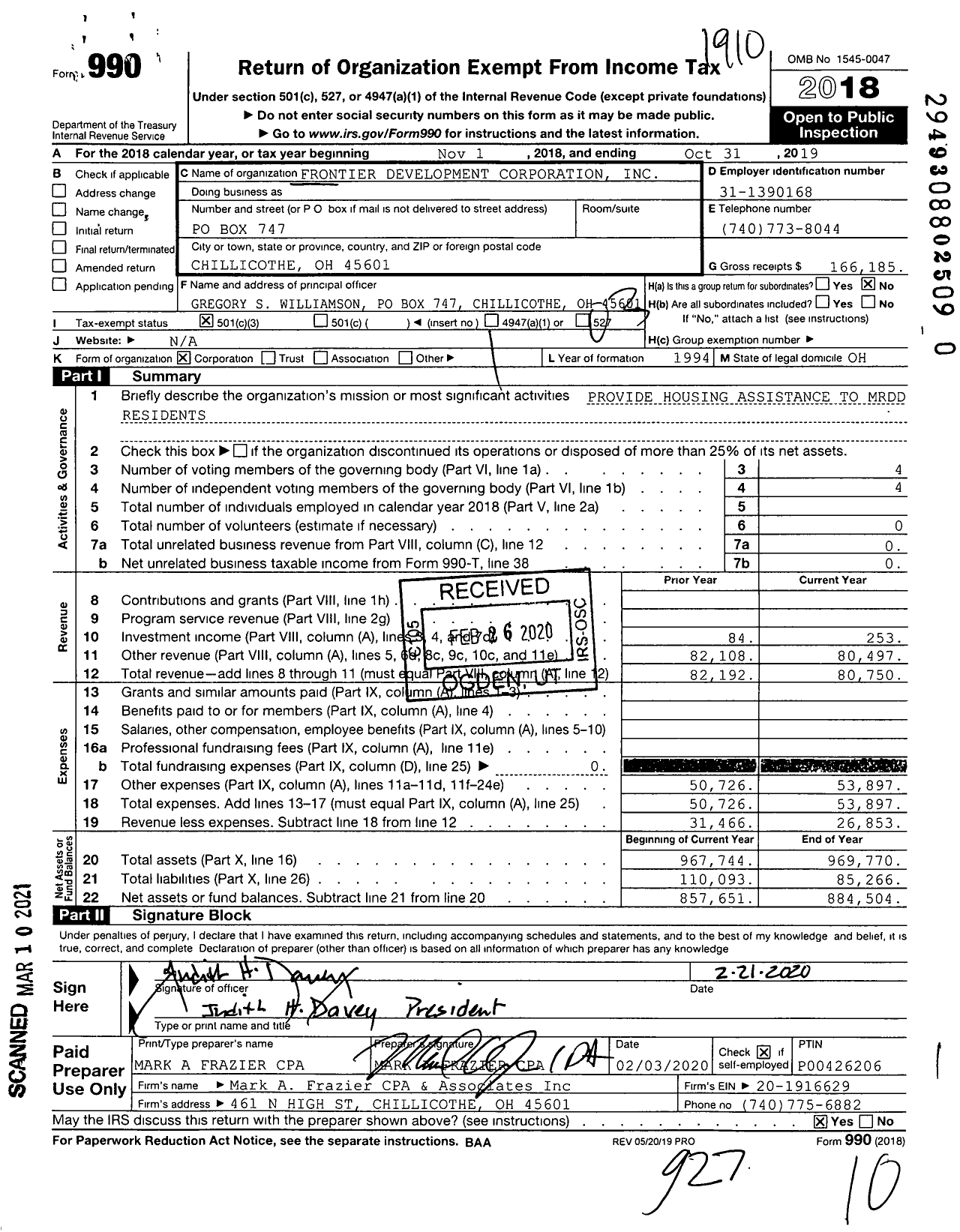 Image of first page of 2018 Form 990 for Frontier Development Corporation