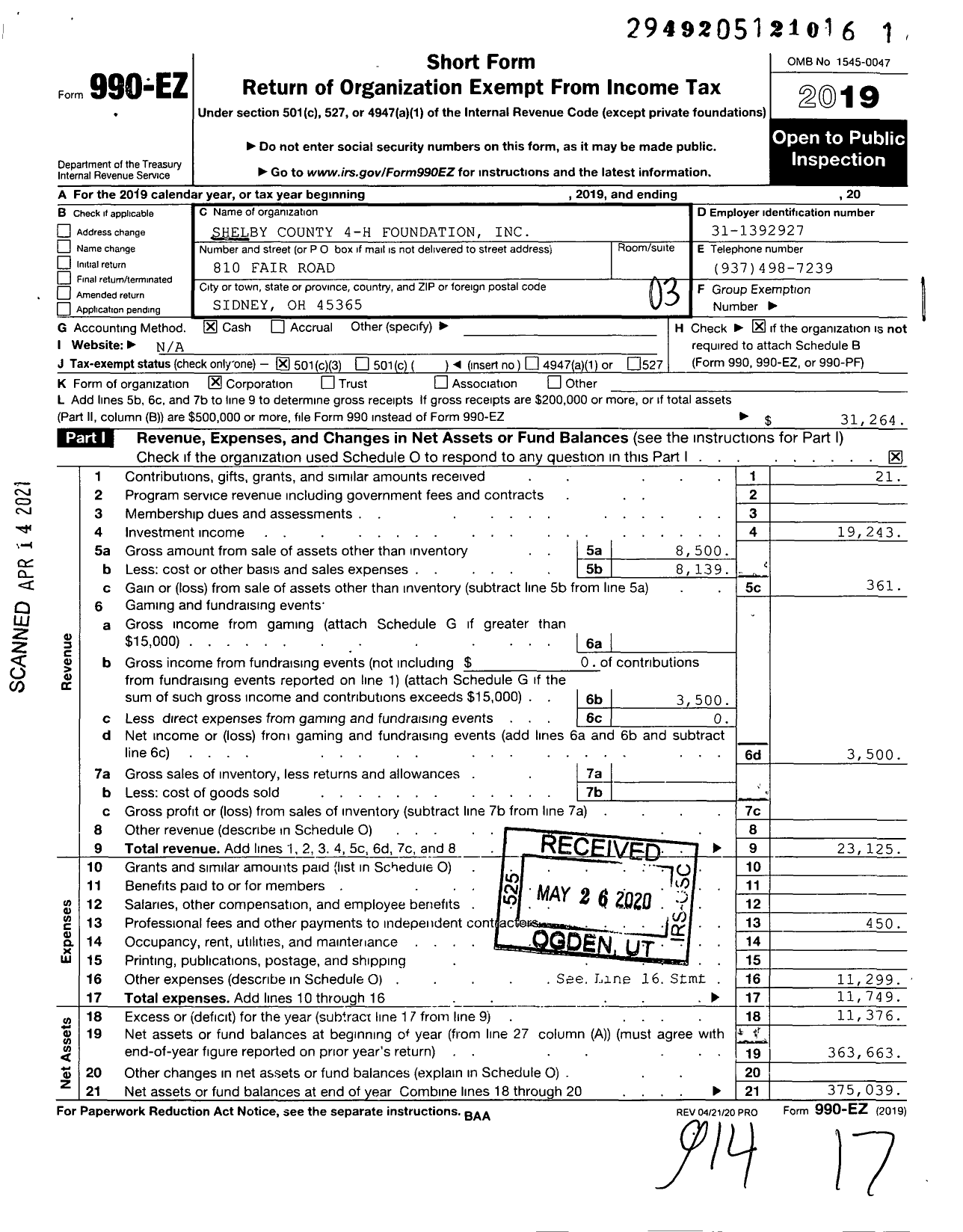 Image of first page of 2019 Form 990EZ for Shelby County 4-H Foundation